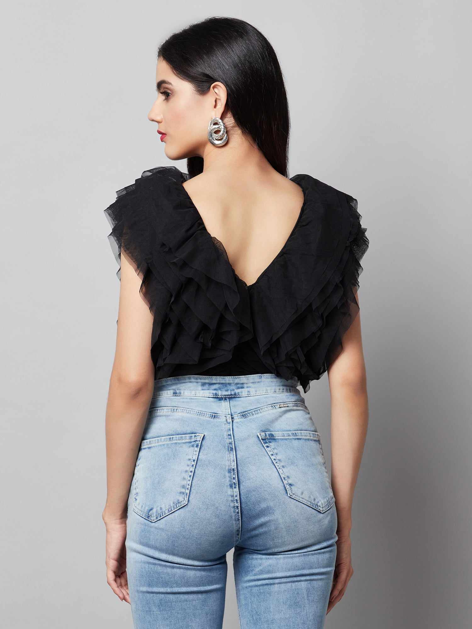 vacay multi layer black ruffle bodysuit