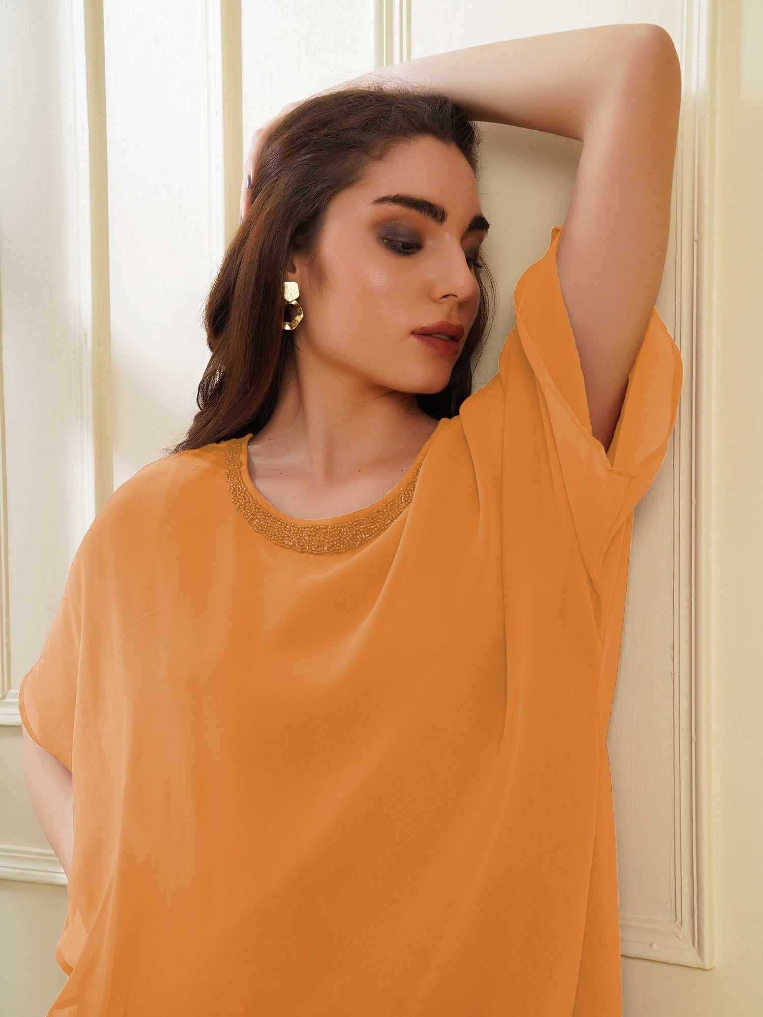 attic curves popover orange dress with neck embellishment