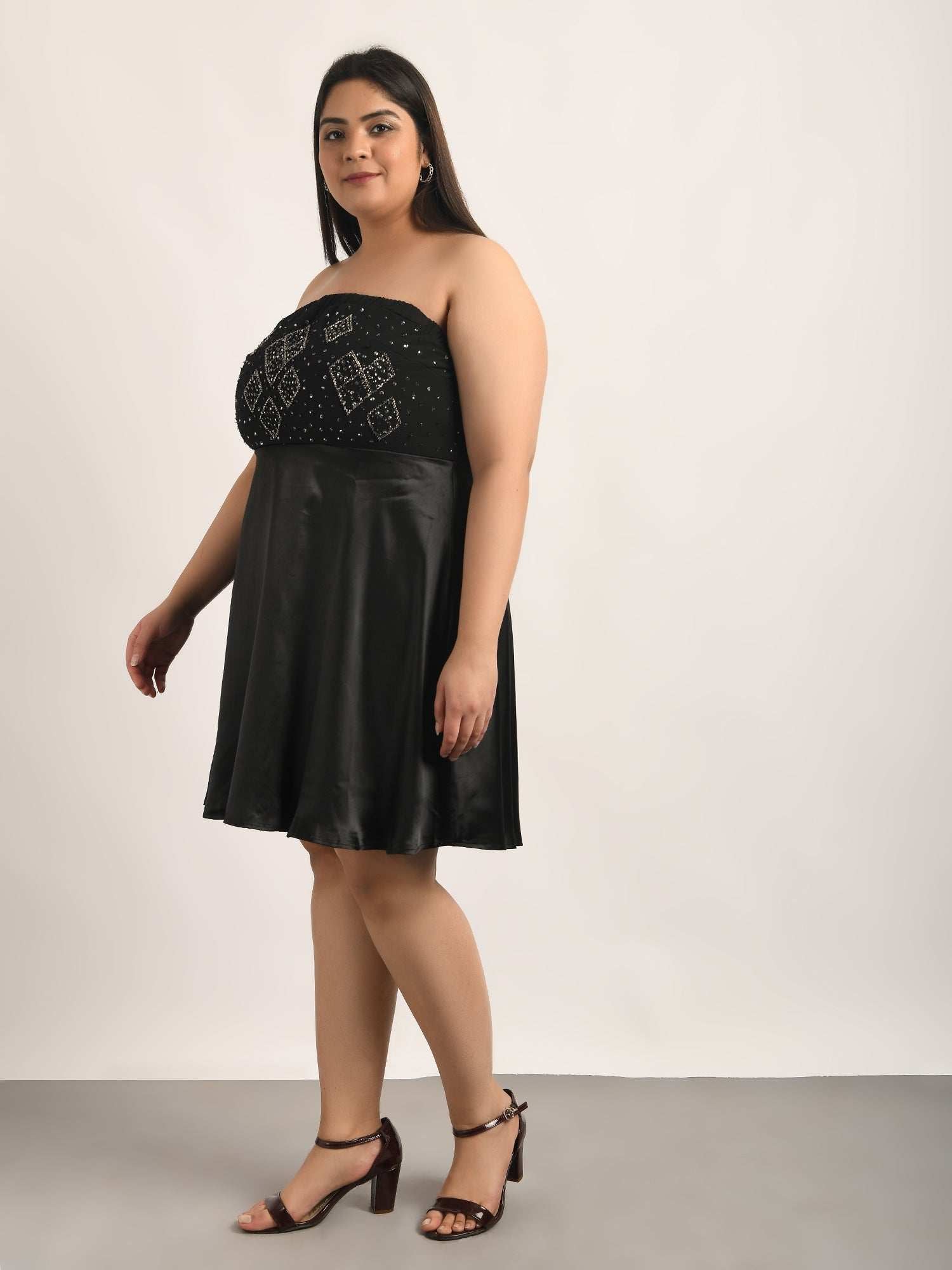 attic curves black tube embroidered dress