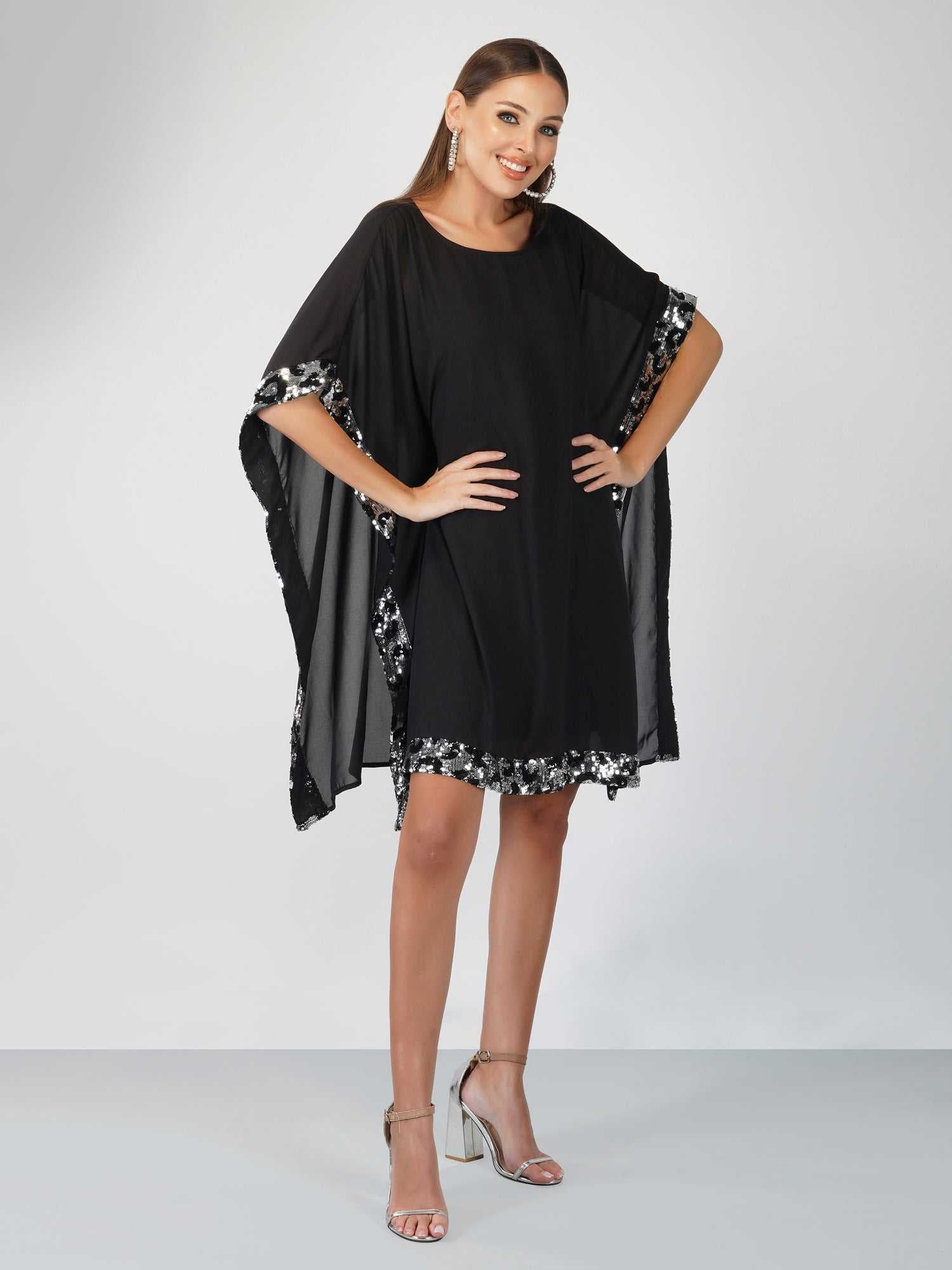 attic curves dual tone sequins cape dress  