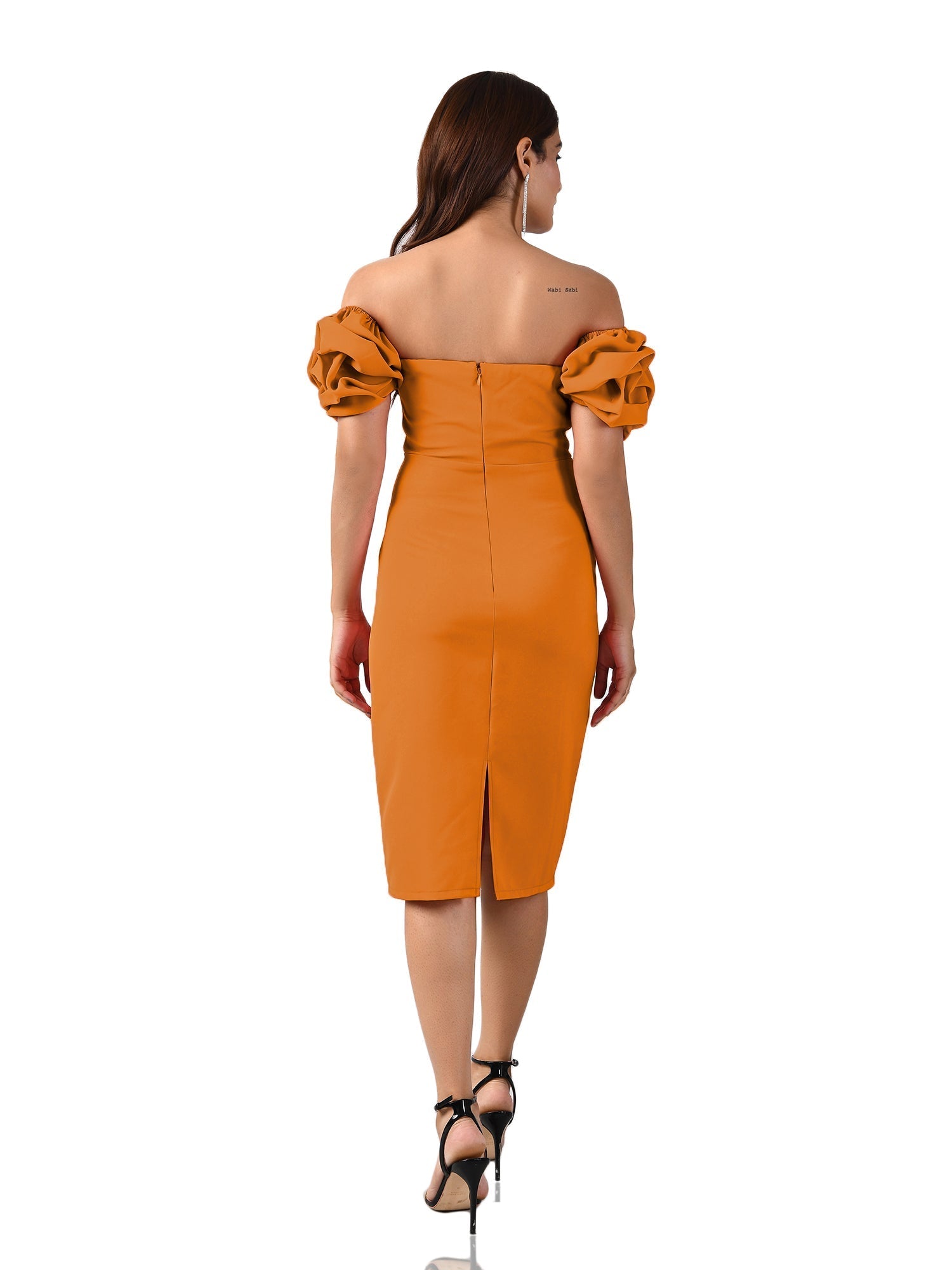 attic curves orange squesh balloon ruffle sleeve dress