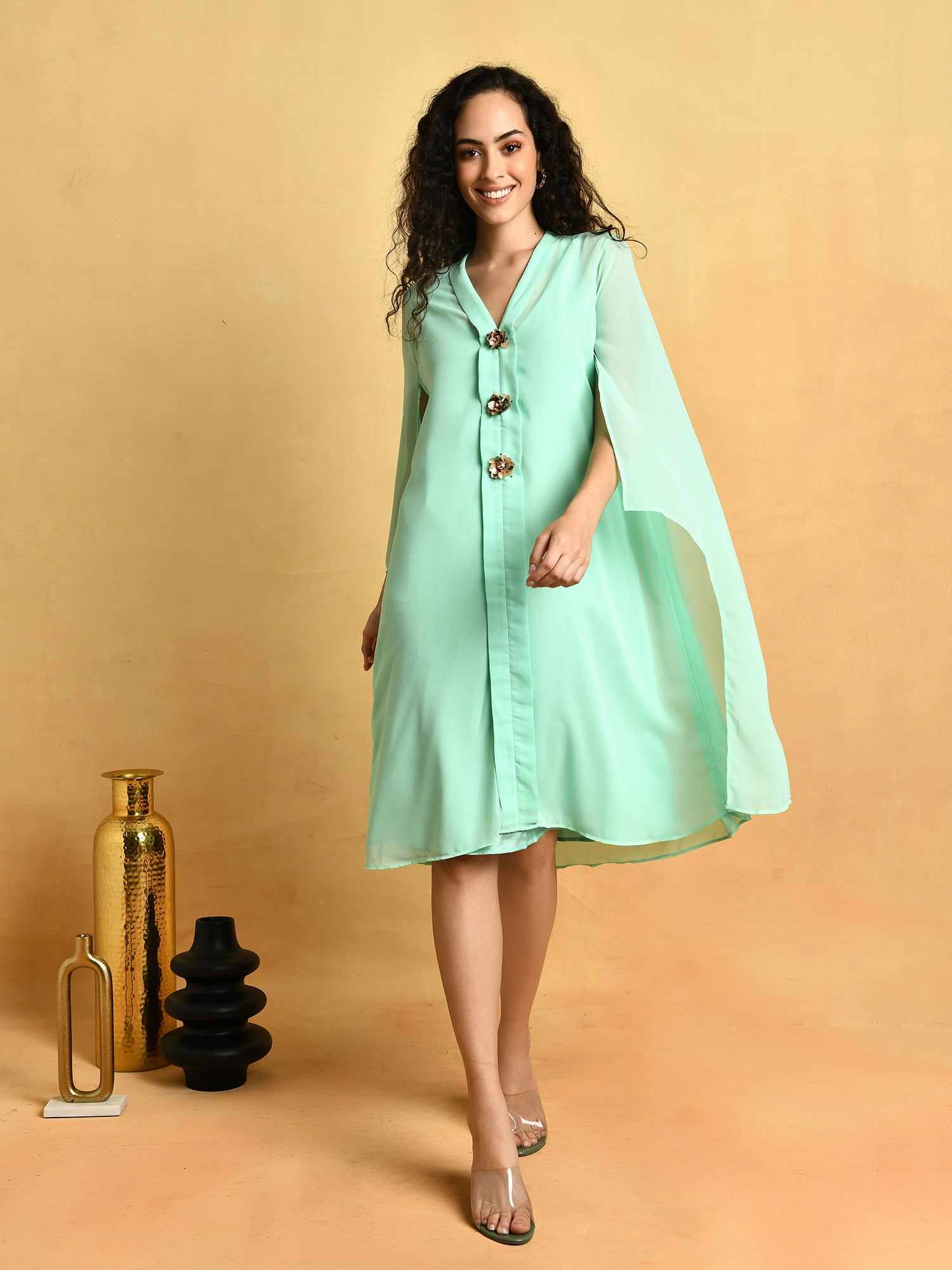 attic curves pastel green dress with placket embellishment