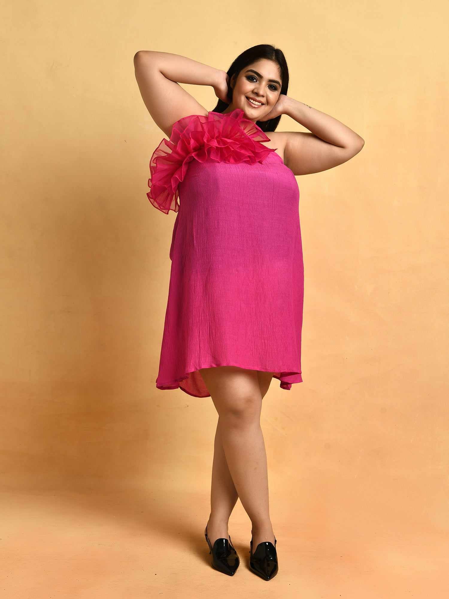 attic curves luxury vacay hot pink a line ruffle dress