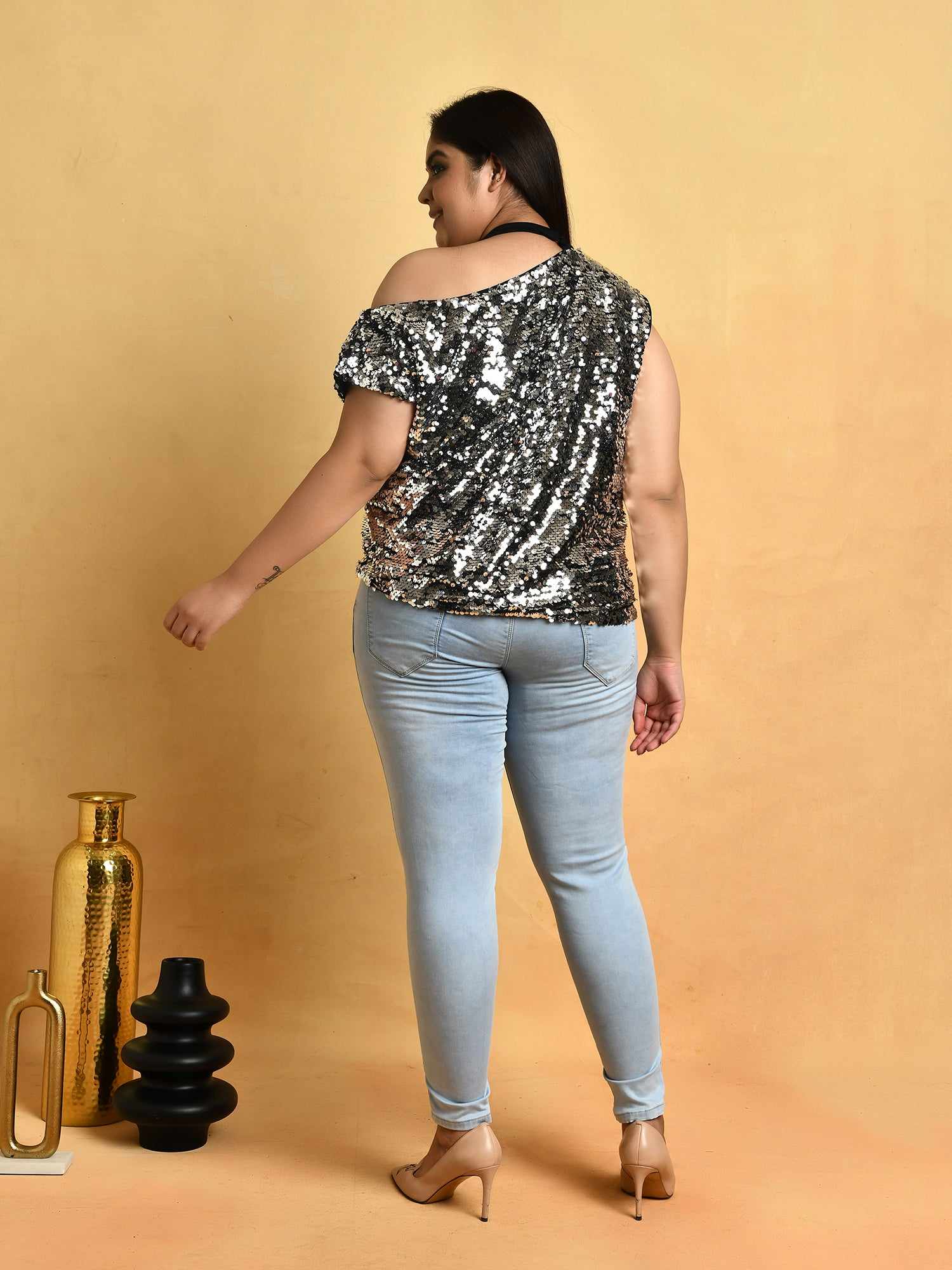 attic curves glittering cutout sequined tulle top