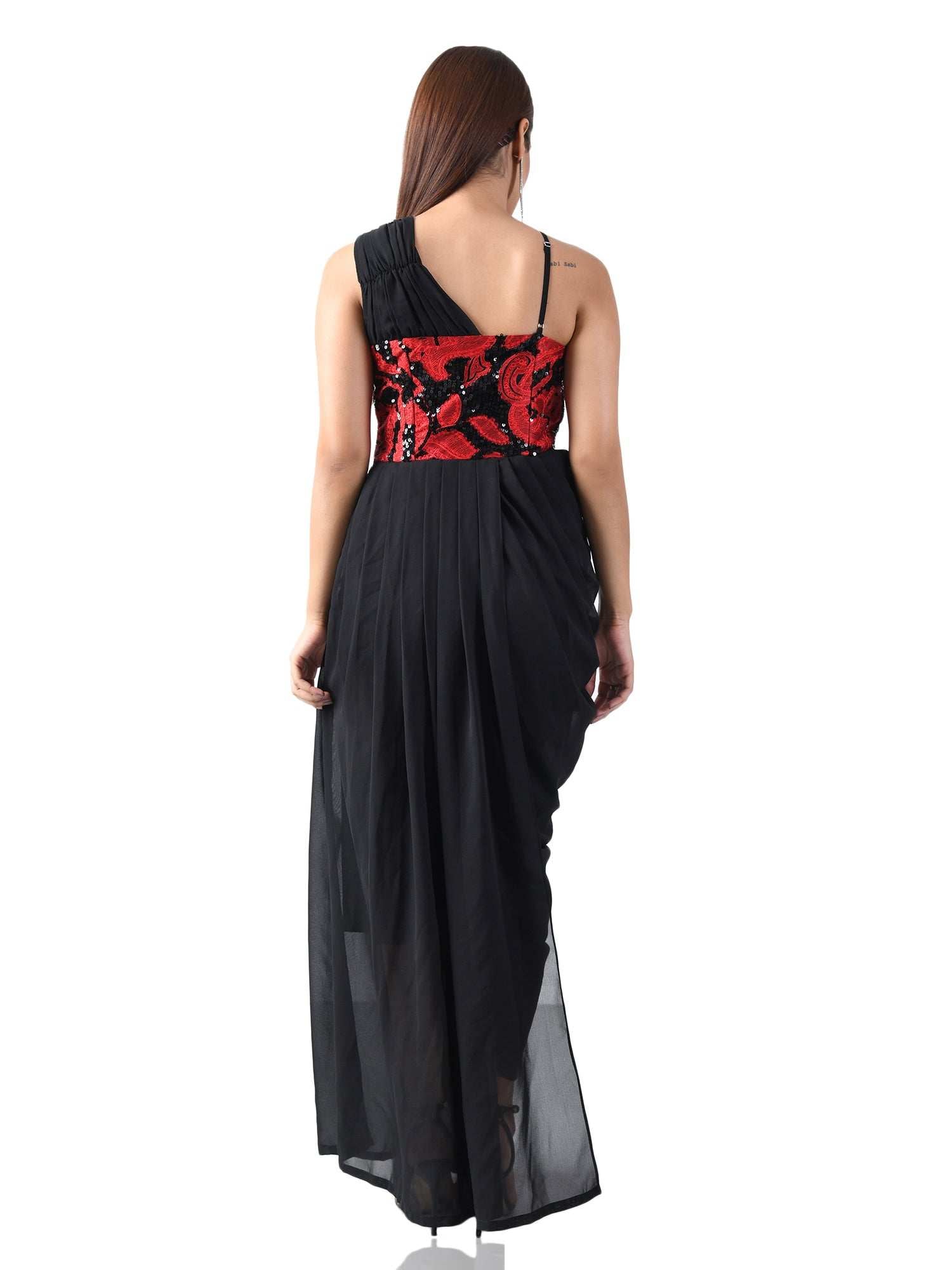 paola embroired corset black draped dress