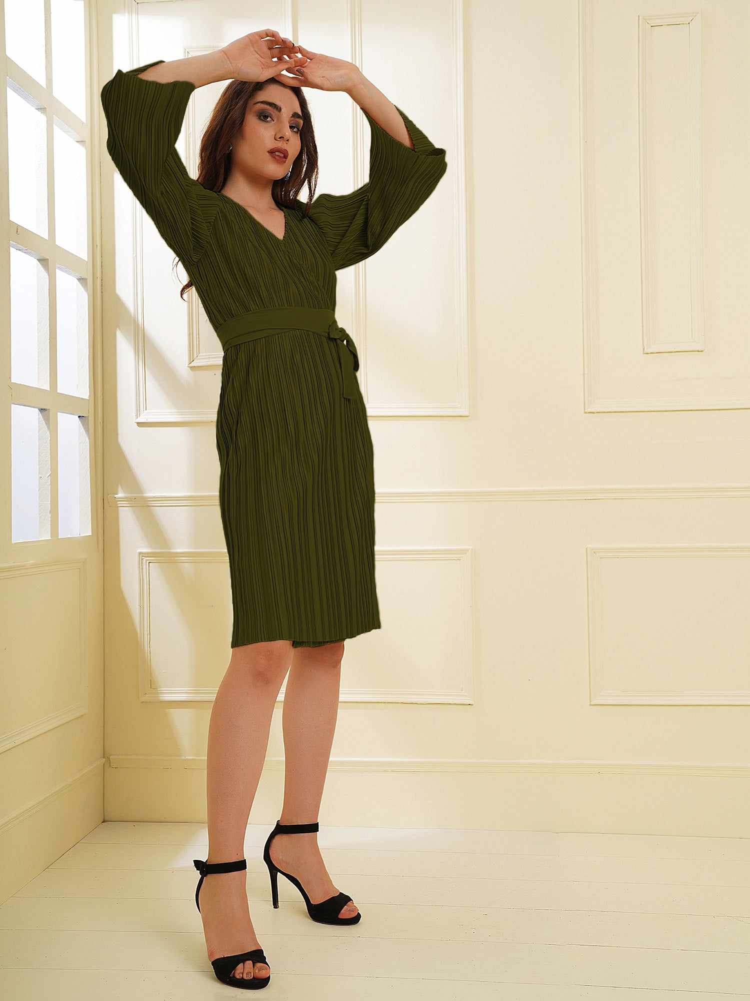 pleated green wrap knit dress