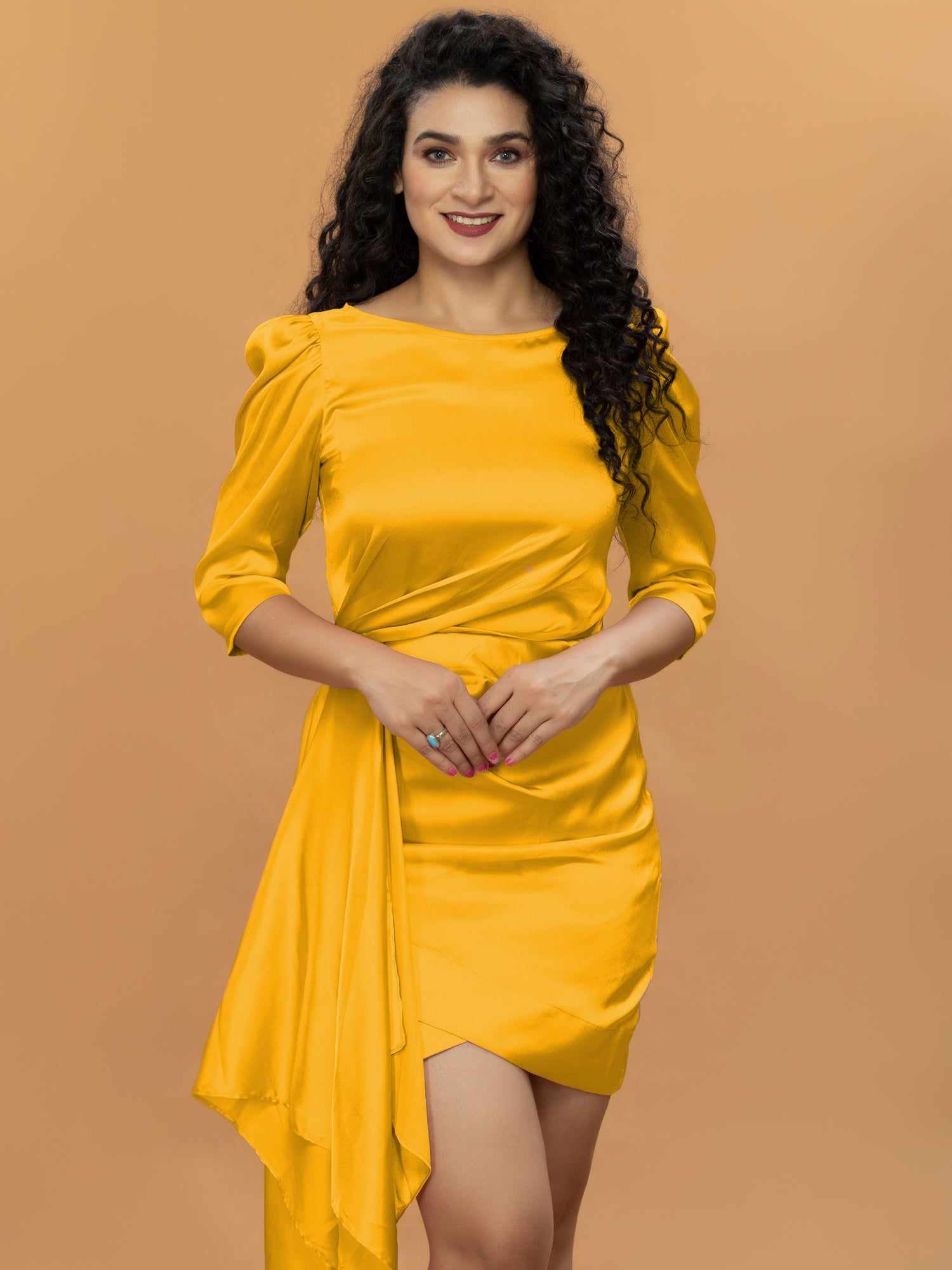 drapped wrap effect mustard satin mini dress