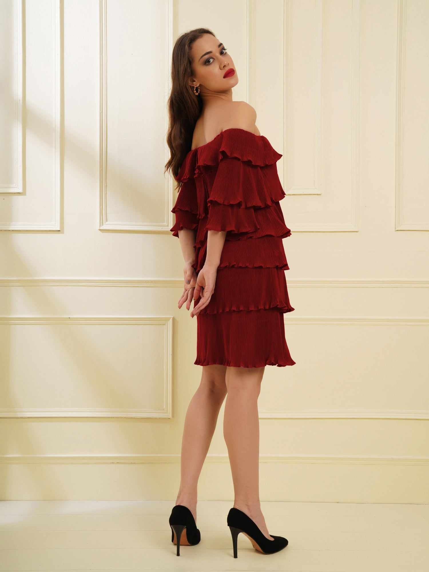 multi tier imaginative maroon pleat dress