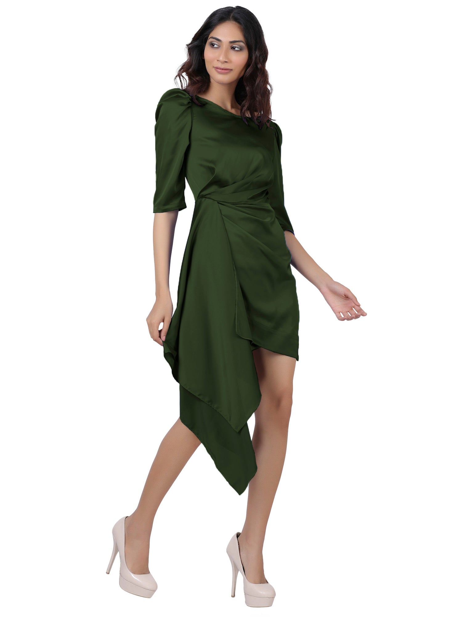 drapped wrap effect olive satin mini dress