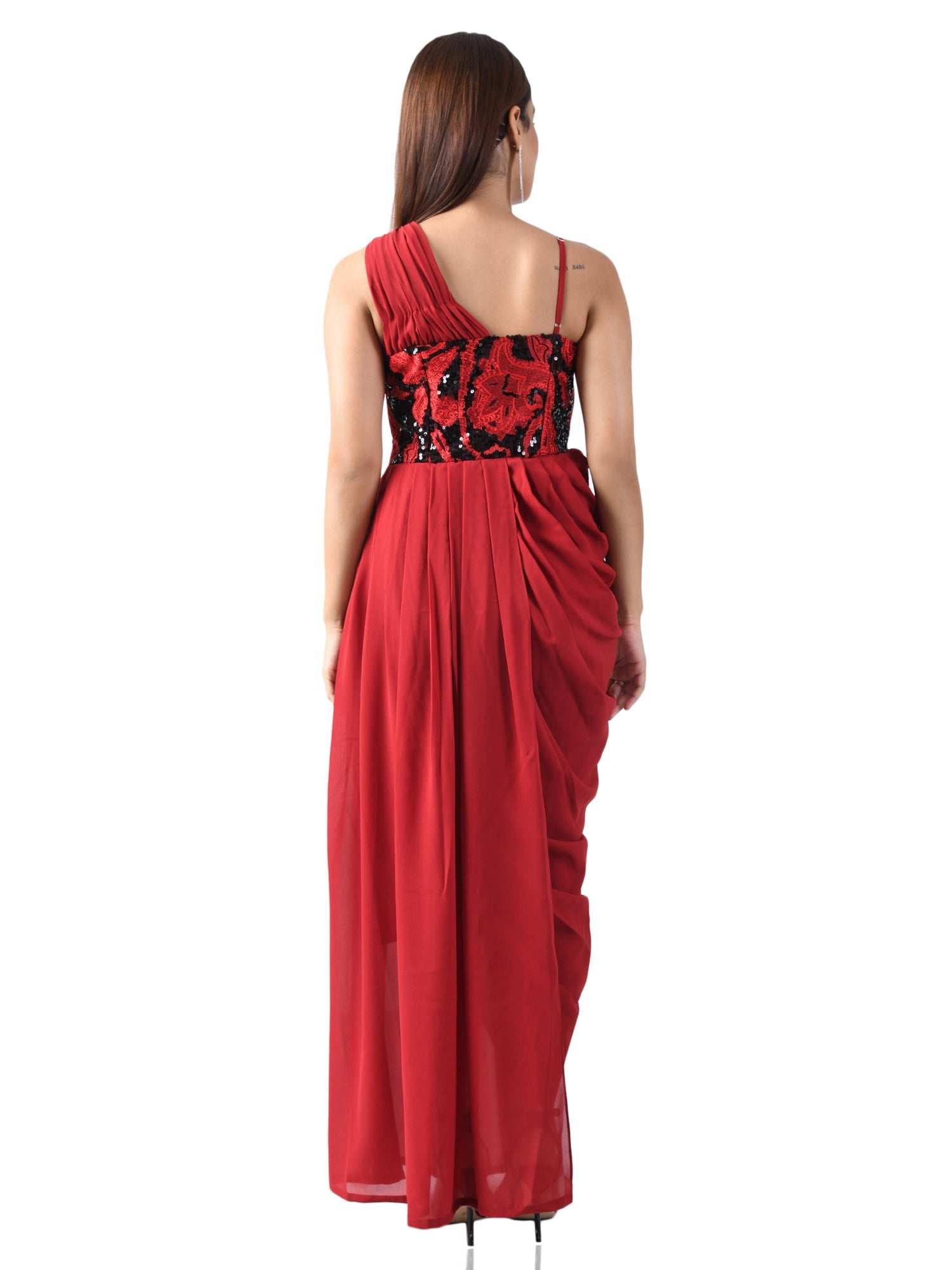 paola embroired corset red draped dress