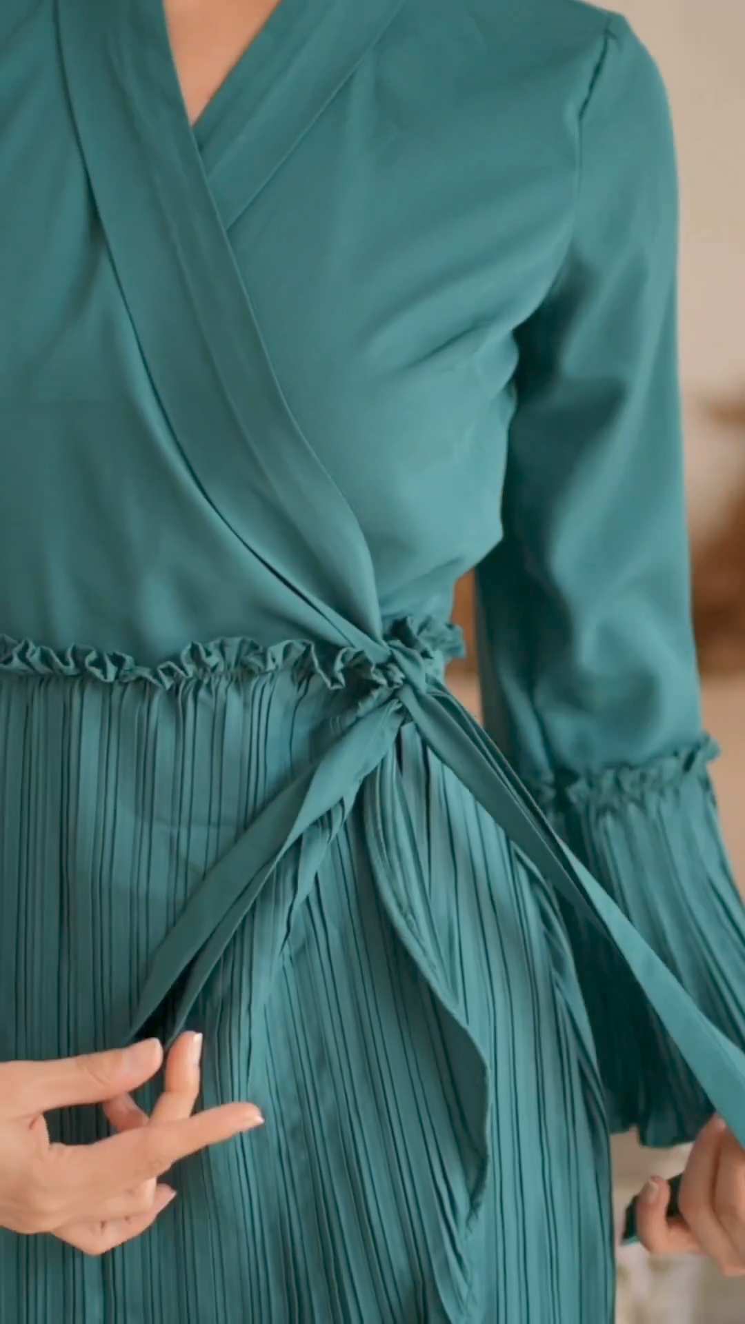 pleated wrap teal dress