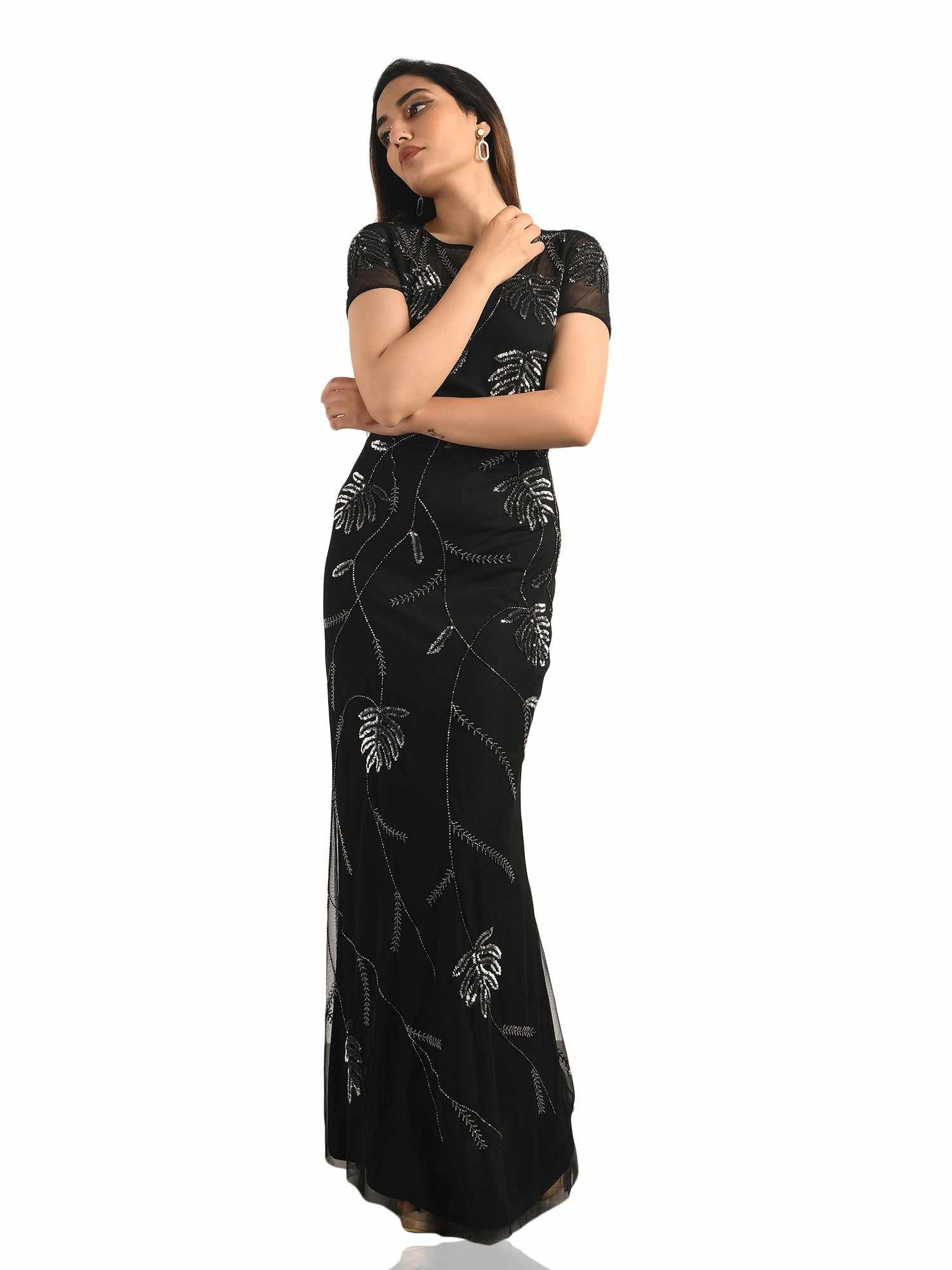 all over leaf black gown