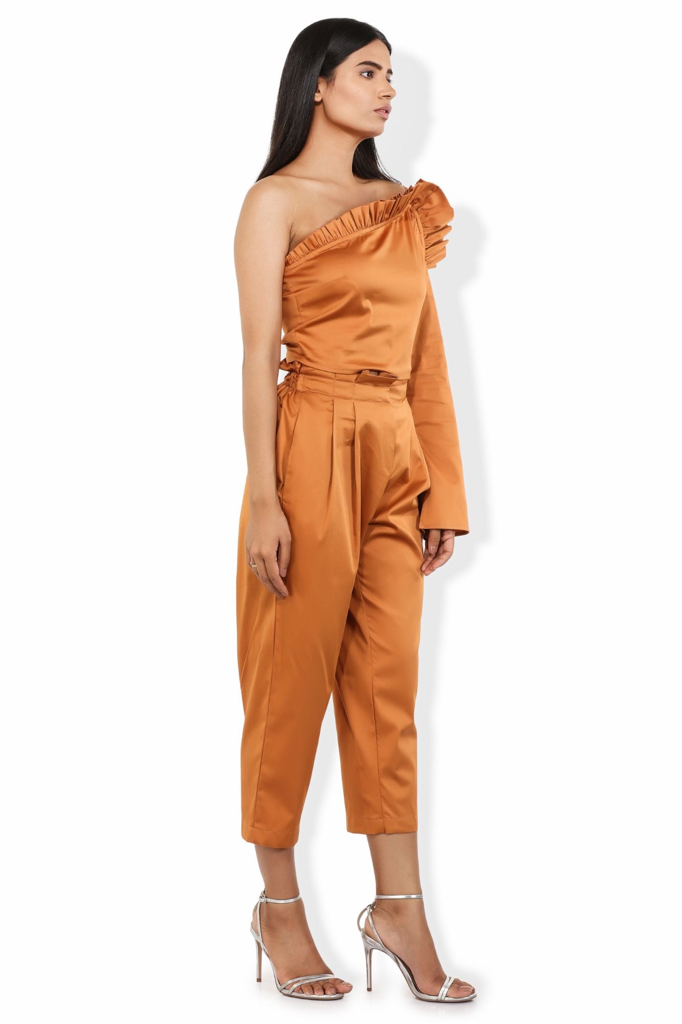 carrot hue pleated waistline cotton satin blend crop pants