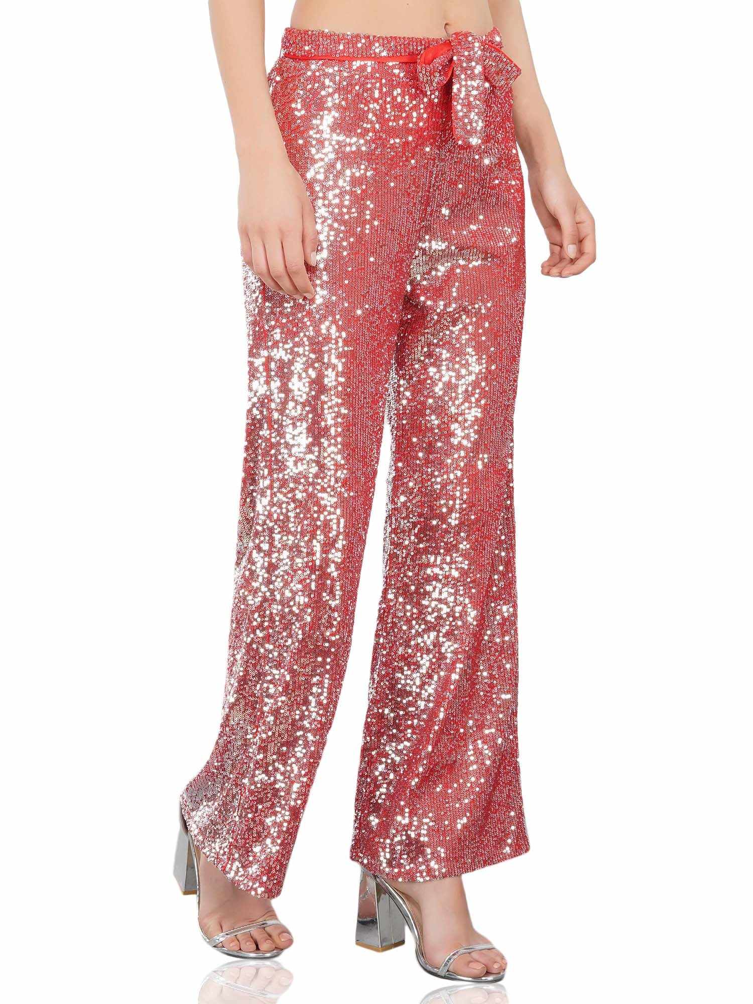 red sequined tulle high rise pants