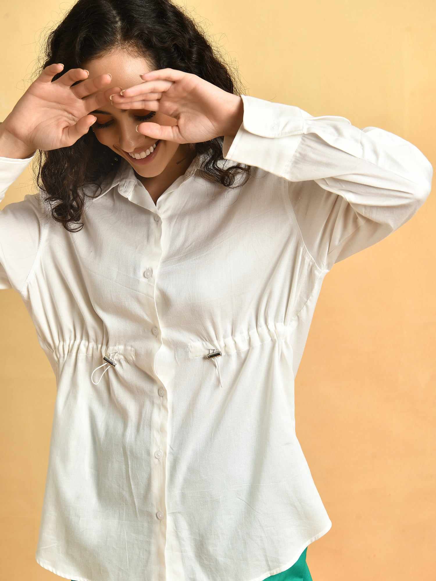 white cinched shirt with toggle