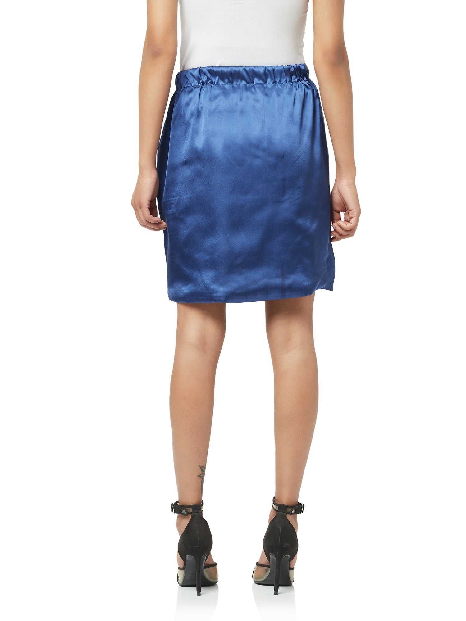 shiny satin blue pleated wrap skirt
