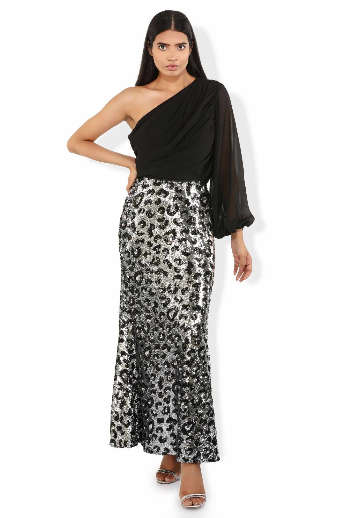 sequined tulle leopard print floor length skirt