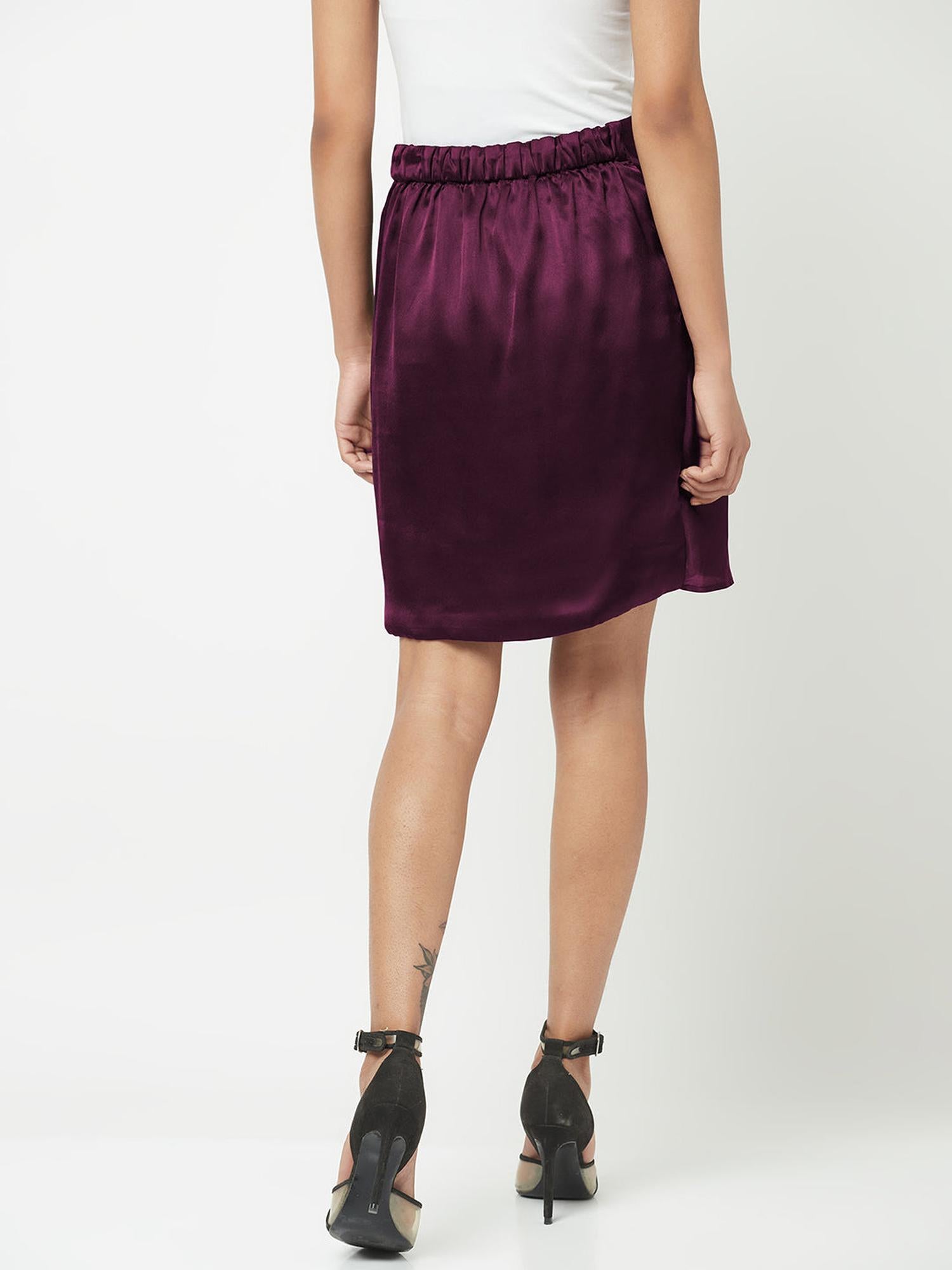 Shiny Satin Wine Pleated Wrap Skirt