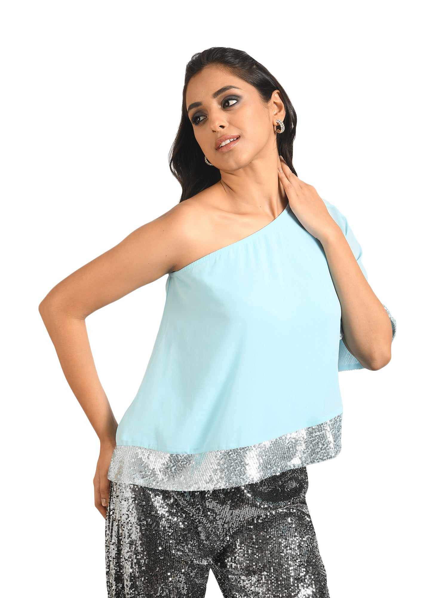 one shoulder cape blue top  