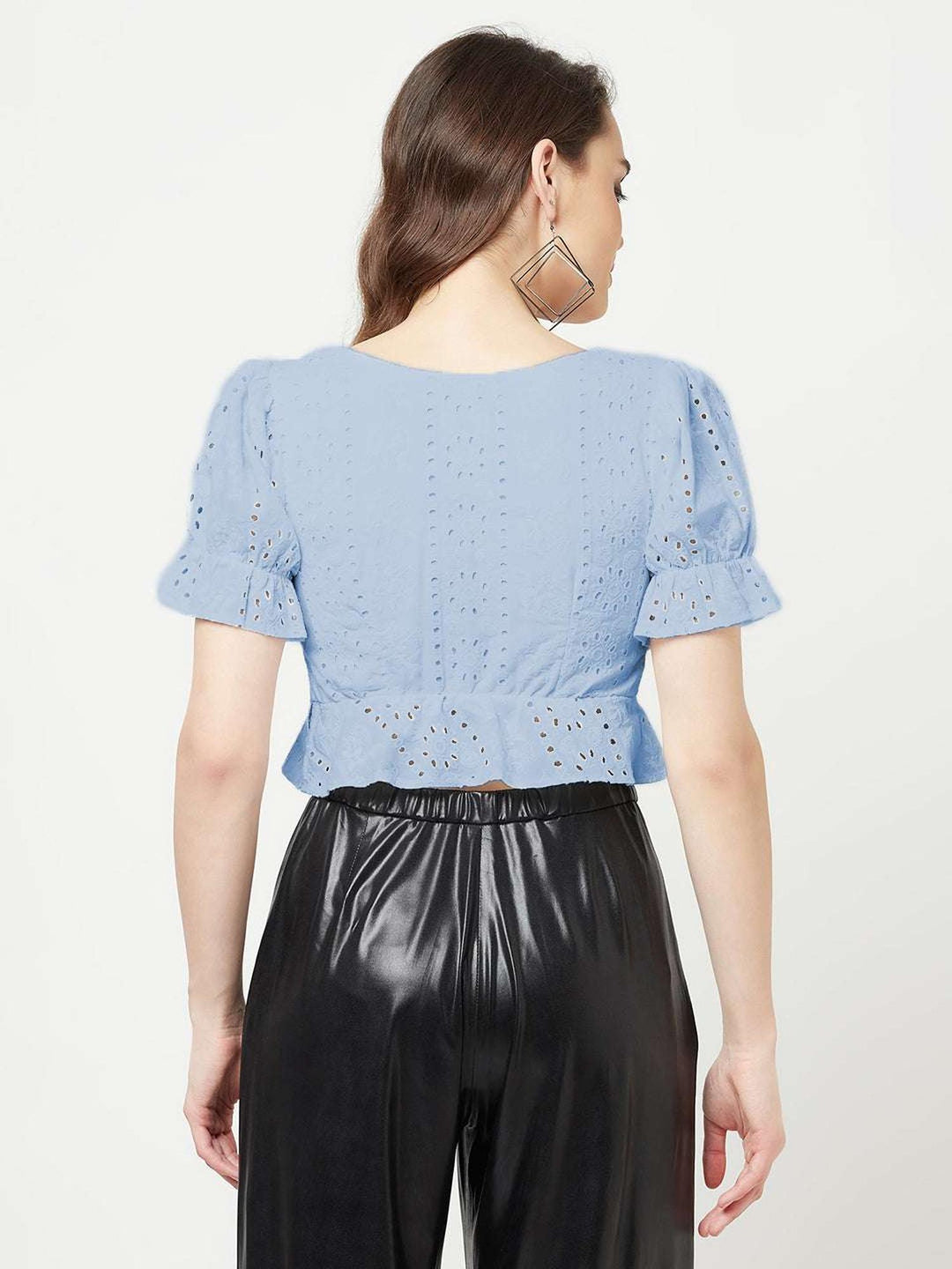 blue schiffli top with front ruche