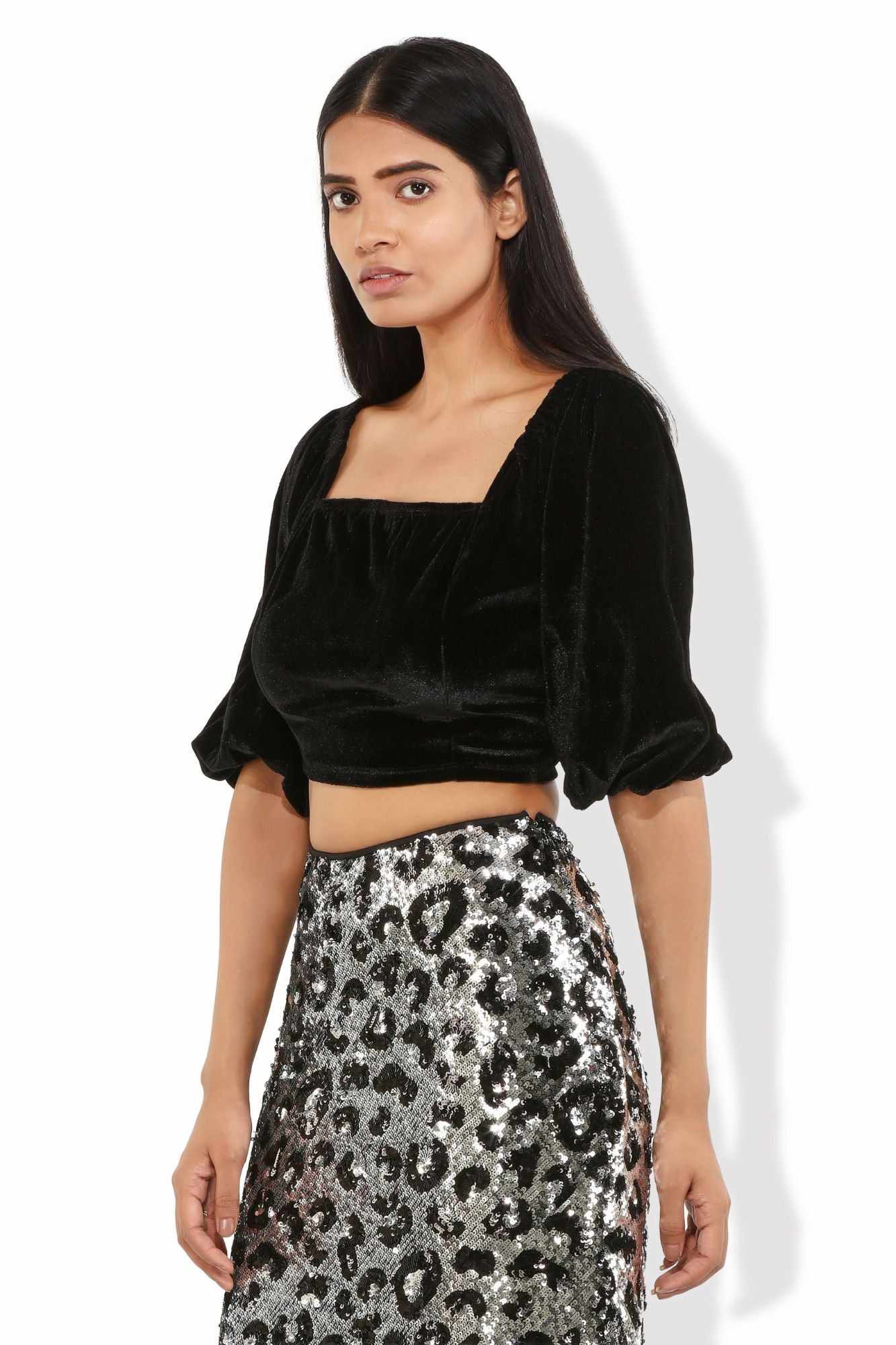 black plush velvet billowy sleeves blouse