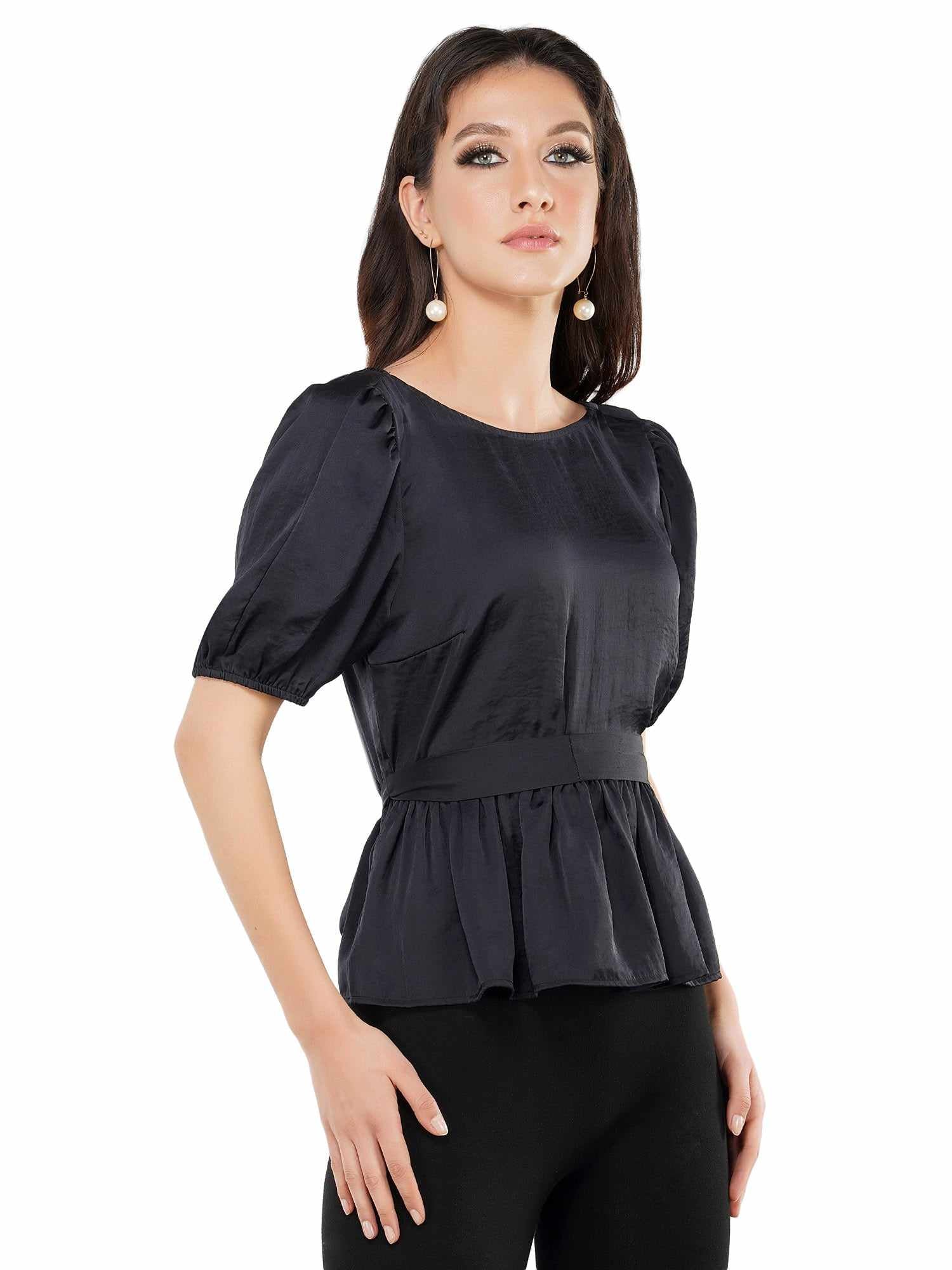 shine in black peplum wrapped blouse