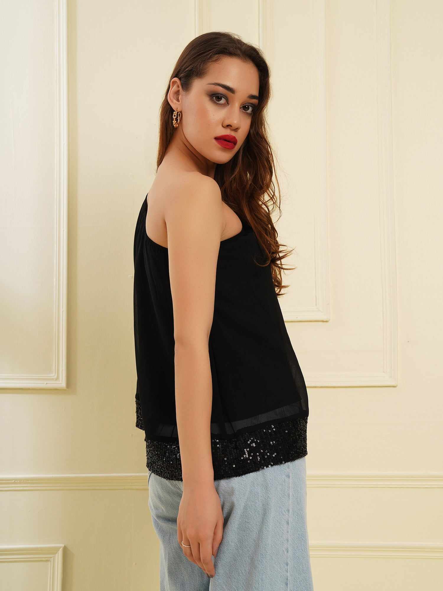 one shoulder cape black top