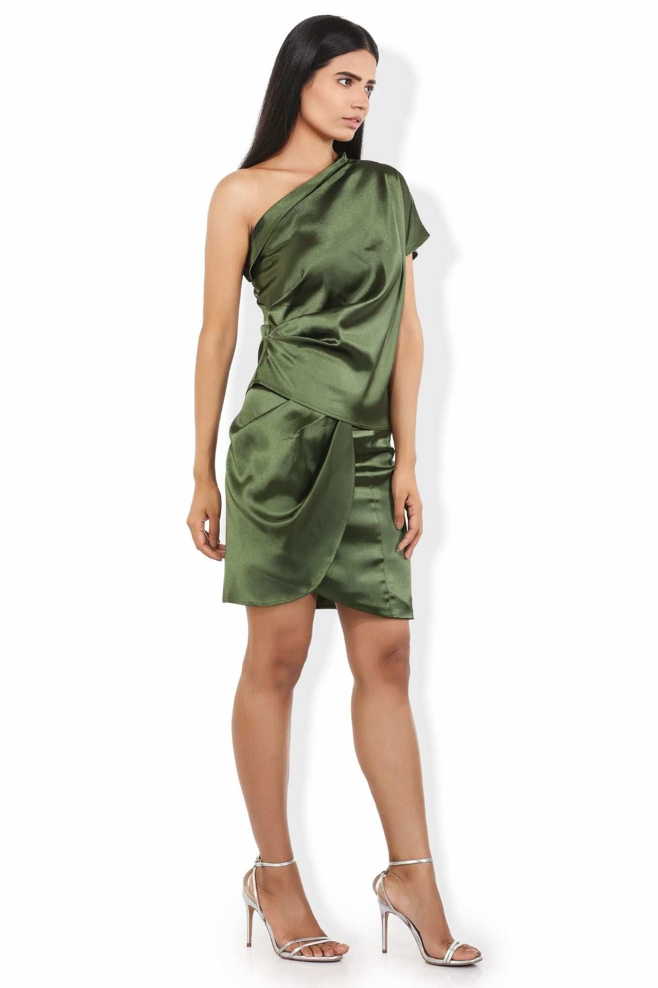 shiny satin olive green ruched top