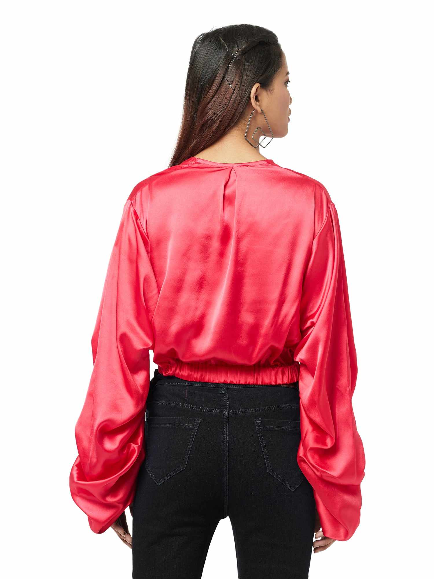 folksy pearl red satiny crop top