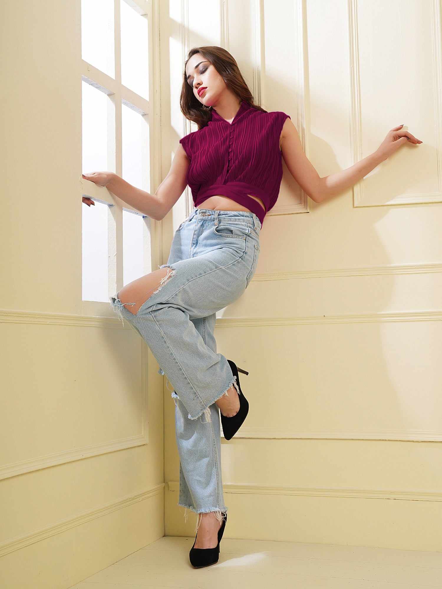 wine pleated crop top