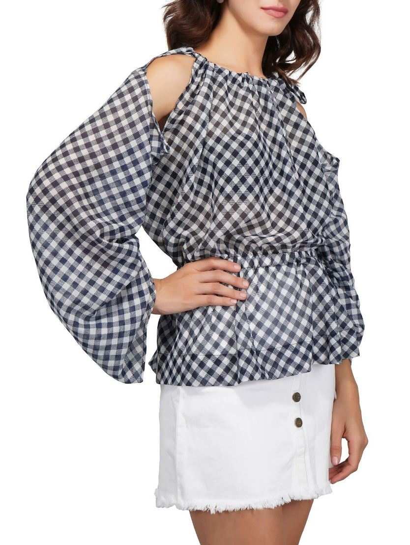 cold shoulder oversized sleeve diagonal check top