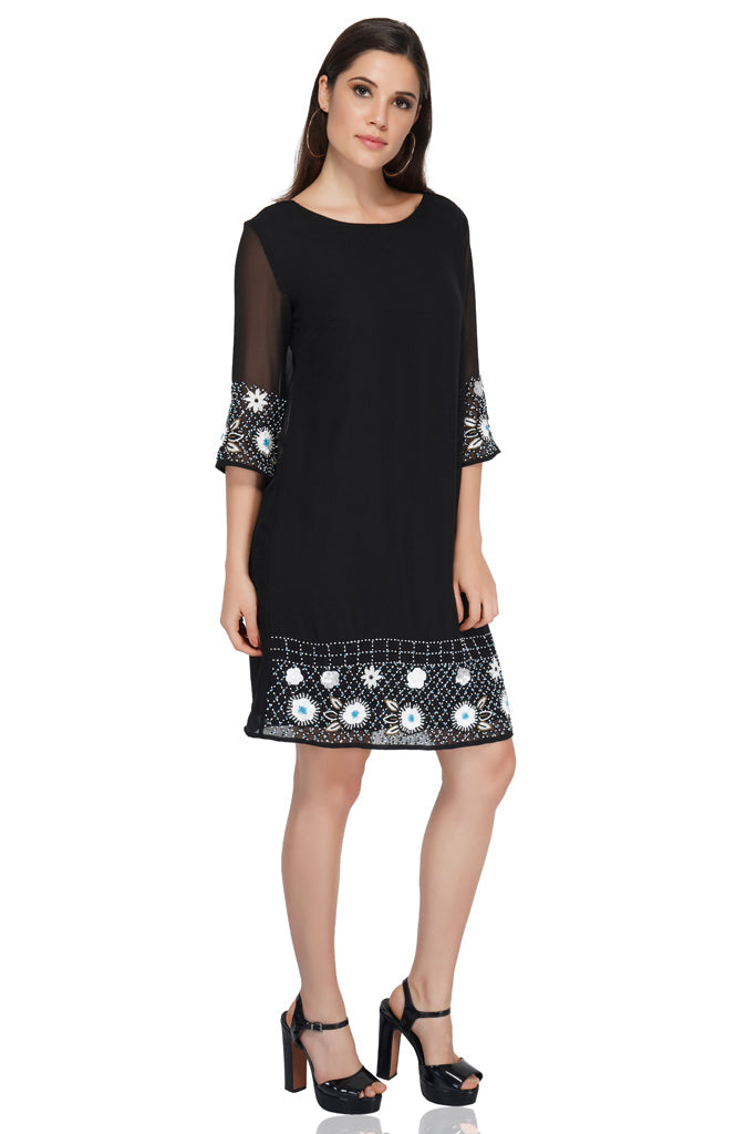 border embellished black dress  