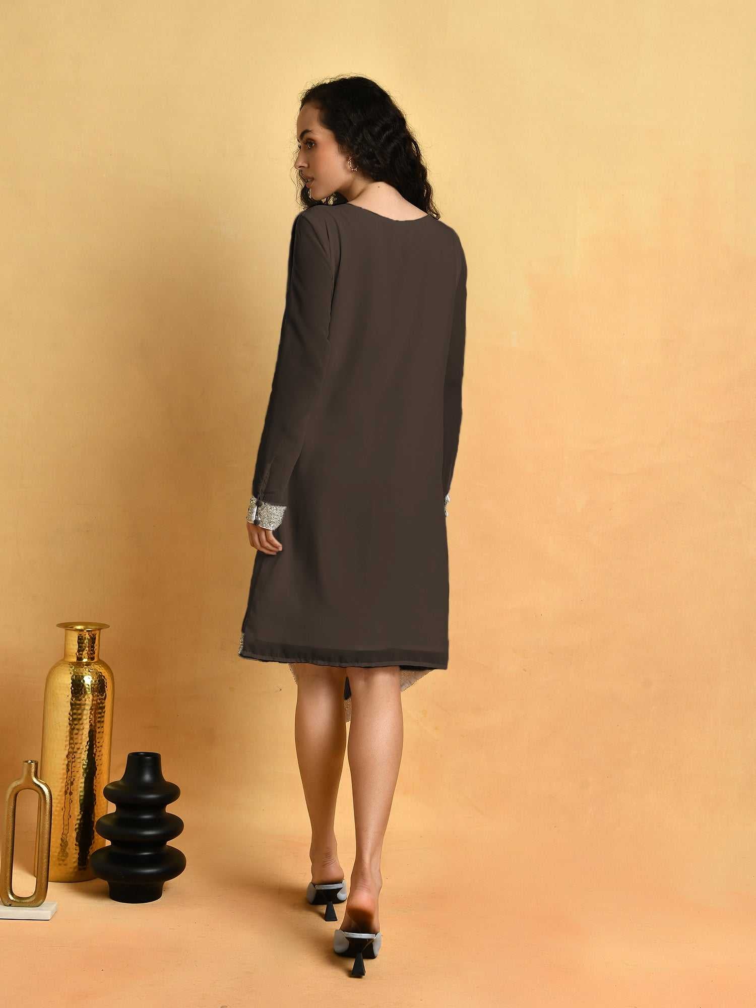 asymmetric hem cold grey sleeve dress