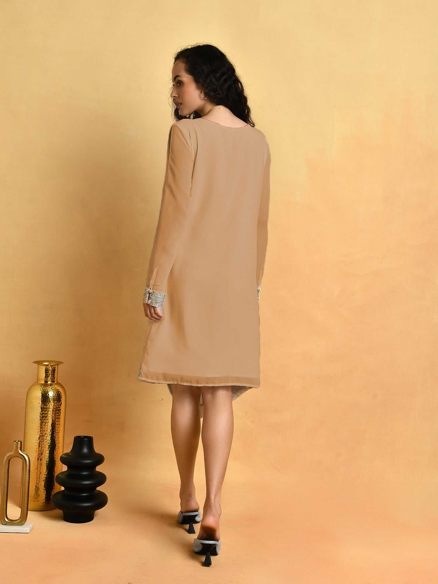 asymmetric hem cold brown sleeve dress
