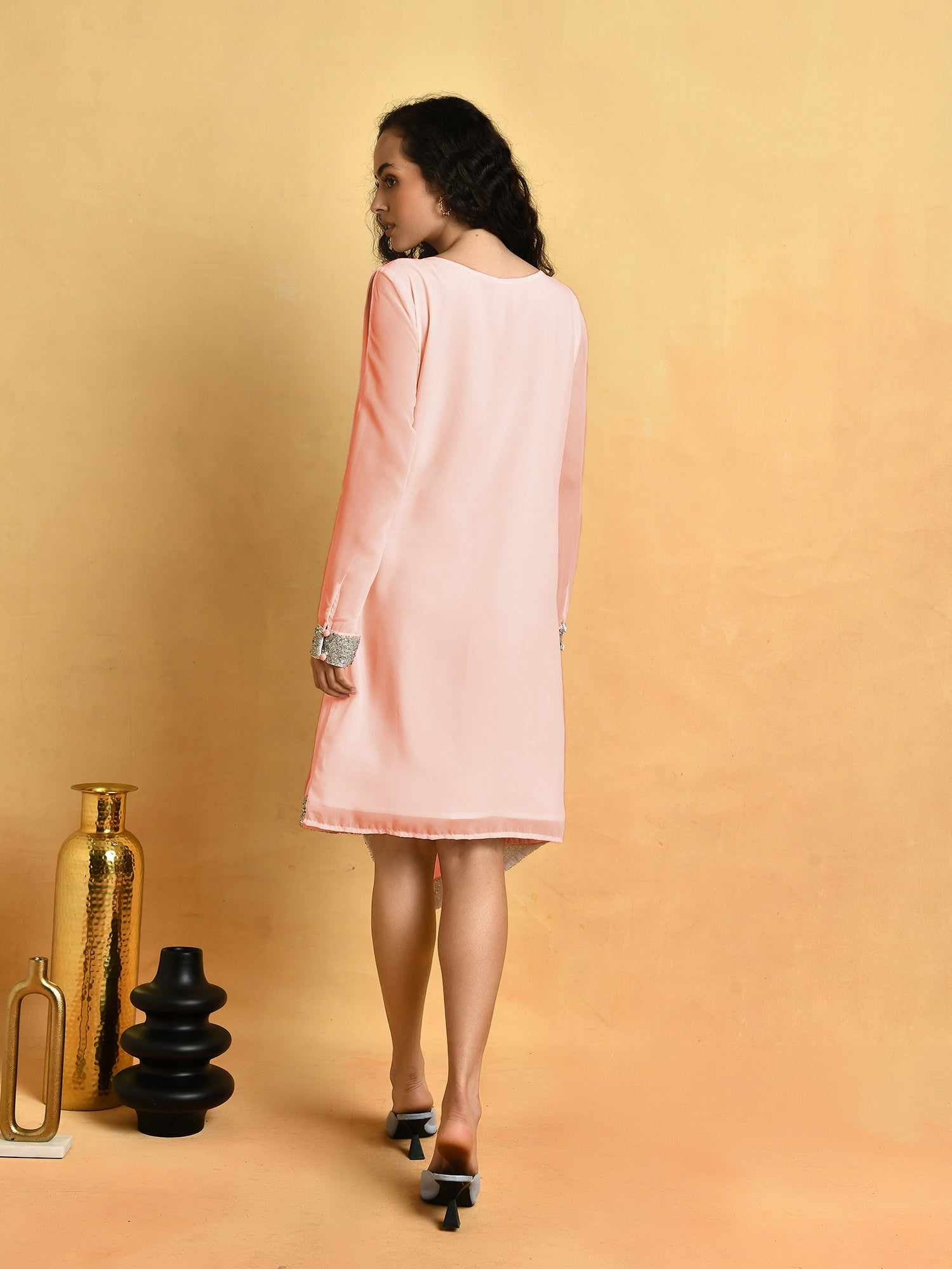 asymmetric hem cold pink sleeve dress