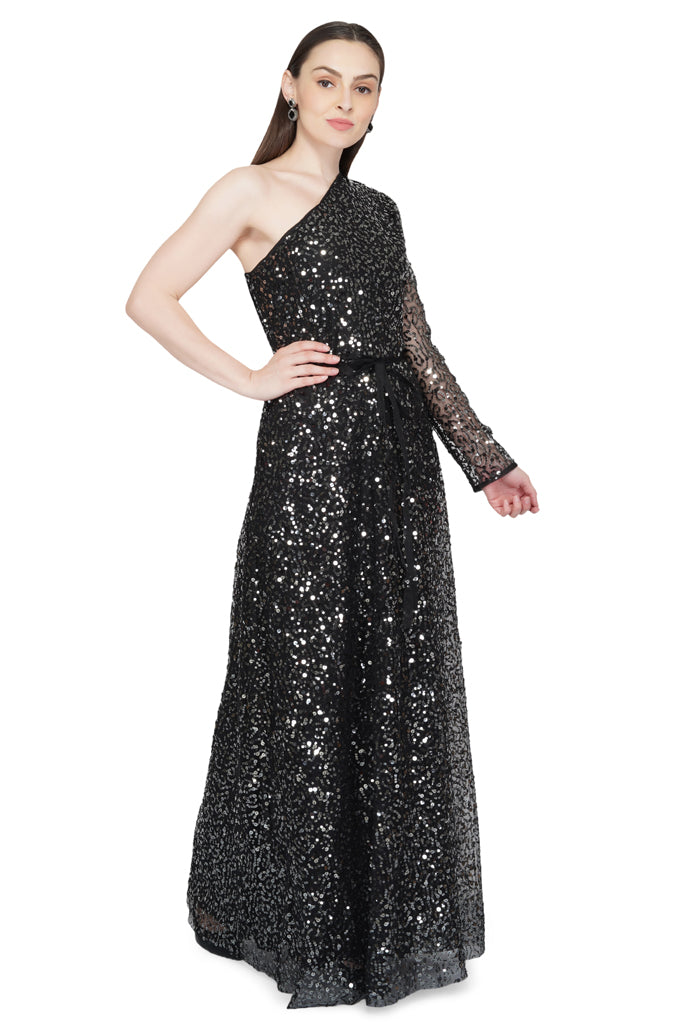 off shoulder black sequin gown  