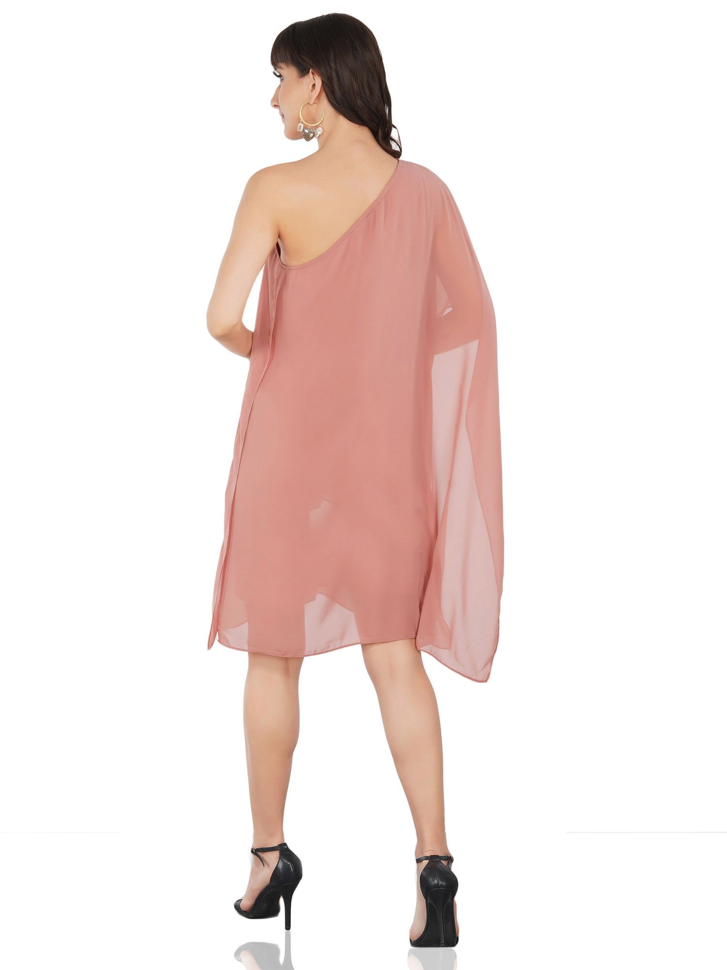 pink one shoulder draped dress