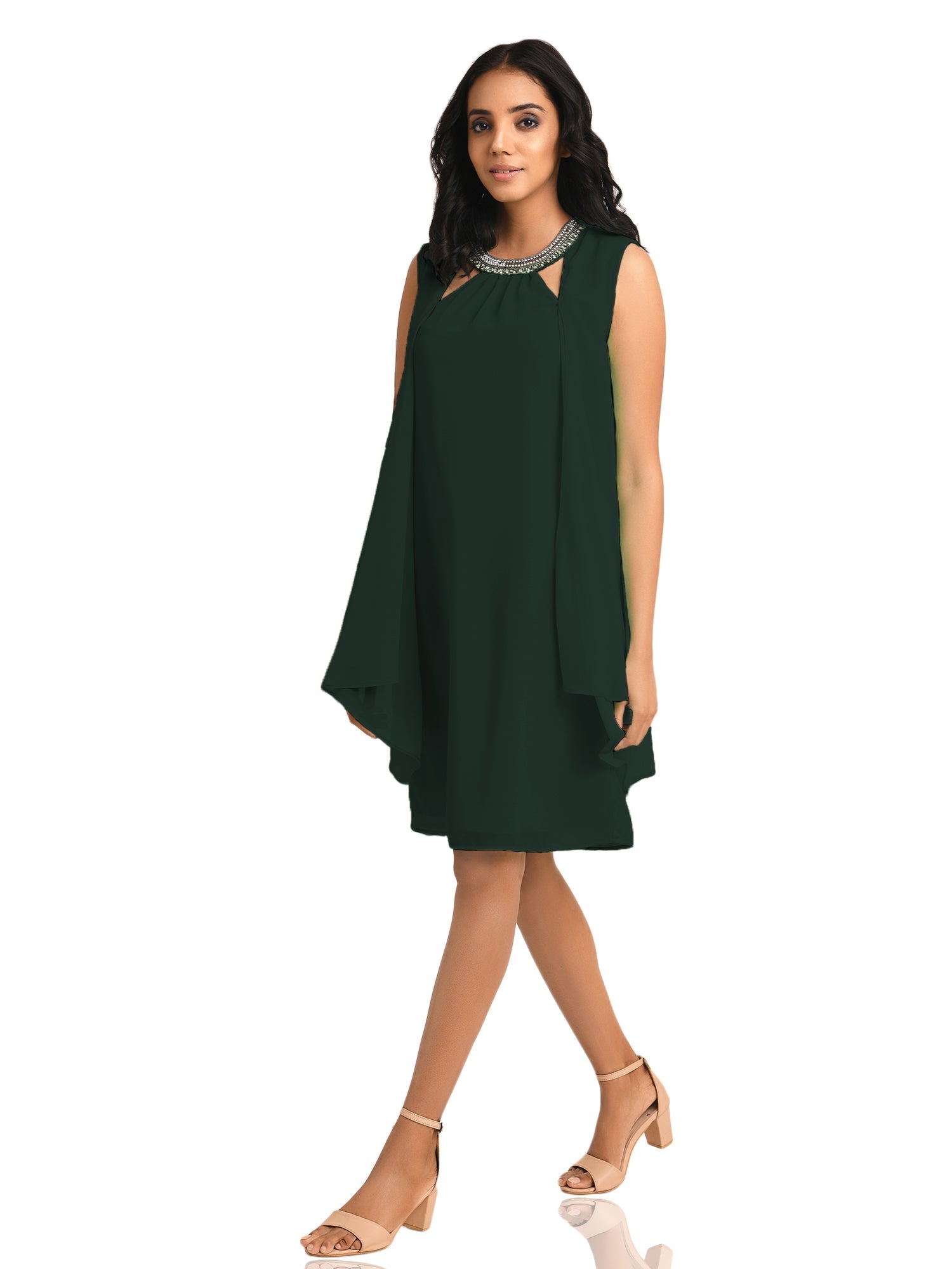 green necklace cape sleeves dress