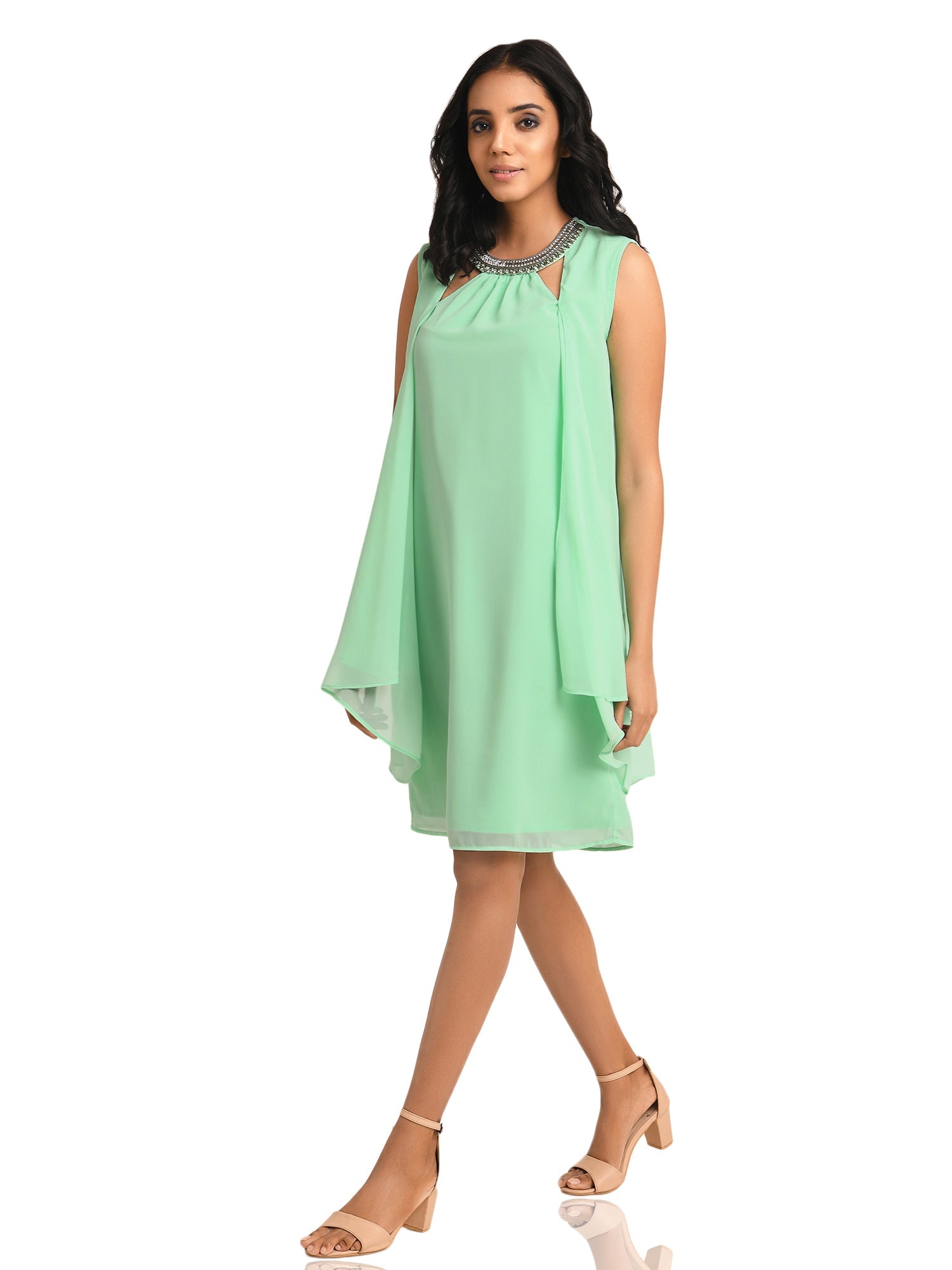 mint green necklace cape sleeves dress