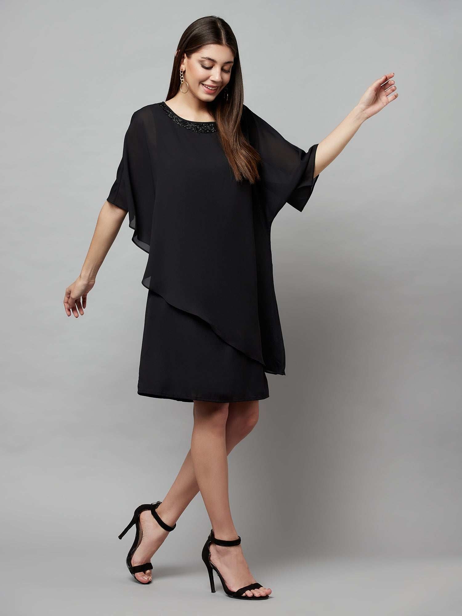 popover black dress with neck embellishment