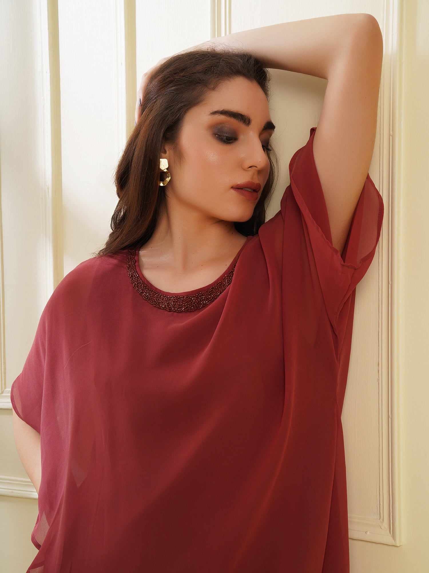 popover brown dress with neck embellishment