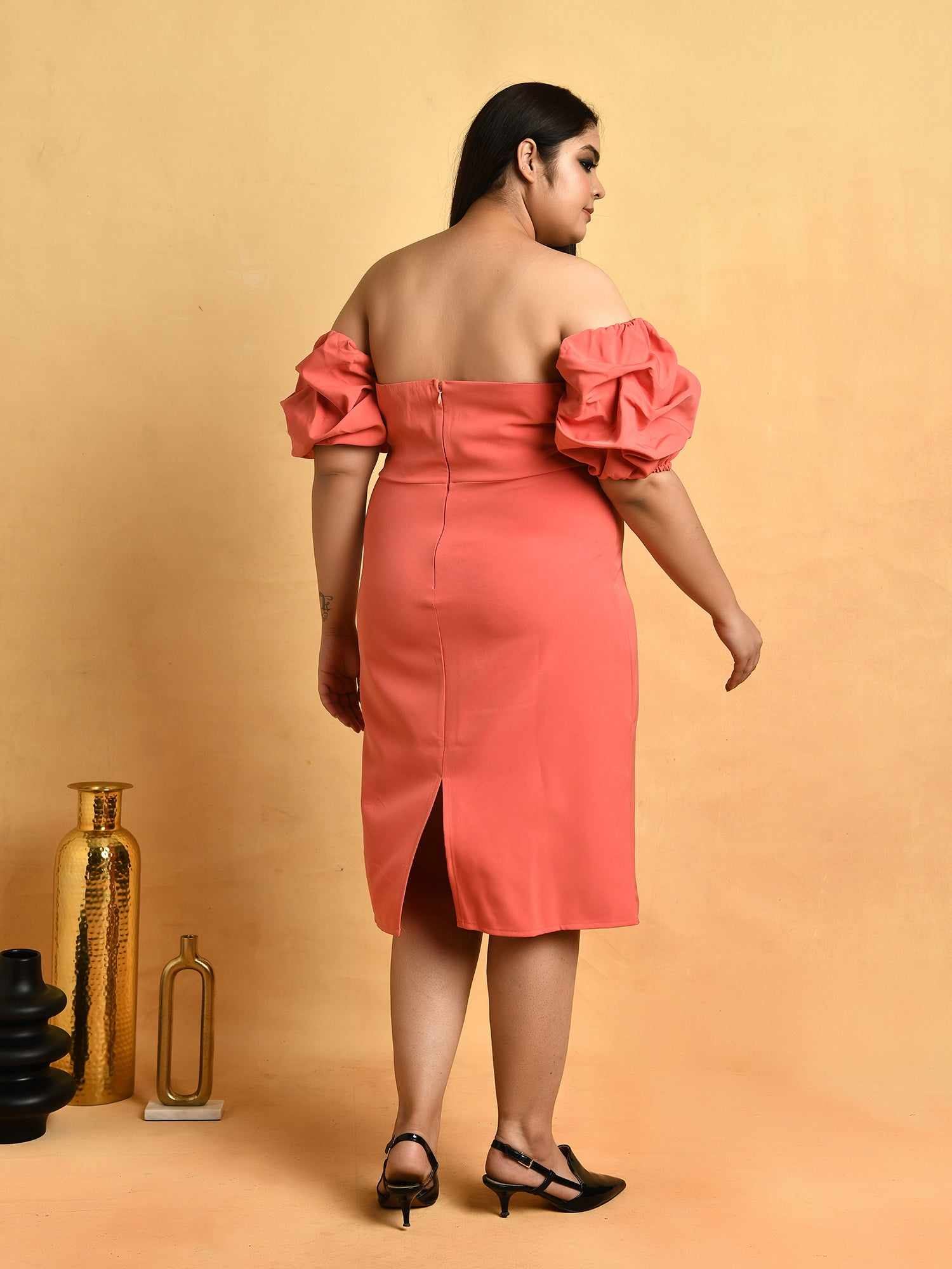 attic curves peach pink squesh balloon ruffle sleeve dress
