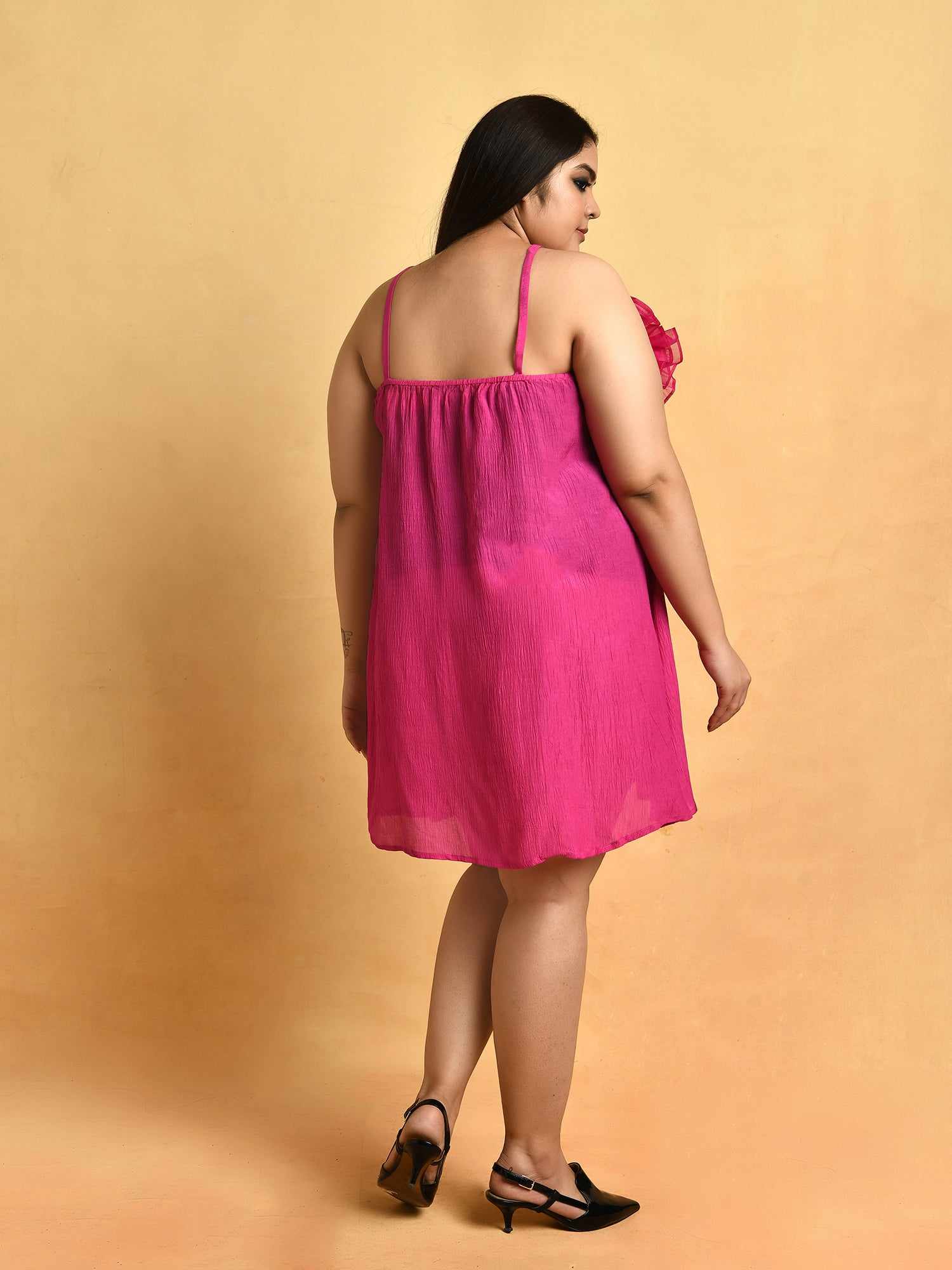attic curves luxury vacay hot pink a line ruffle dress