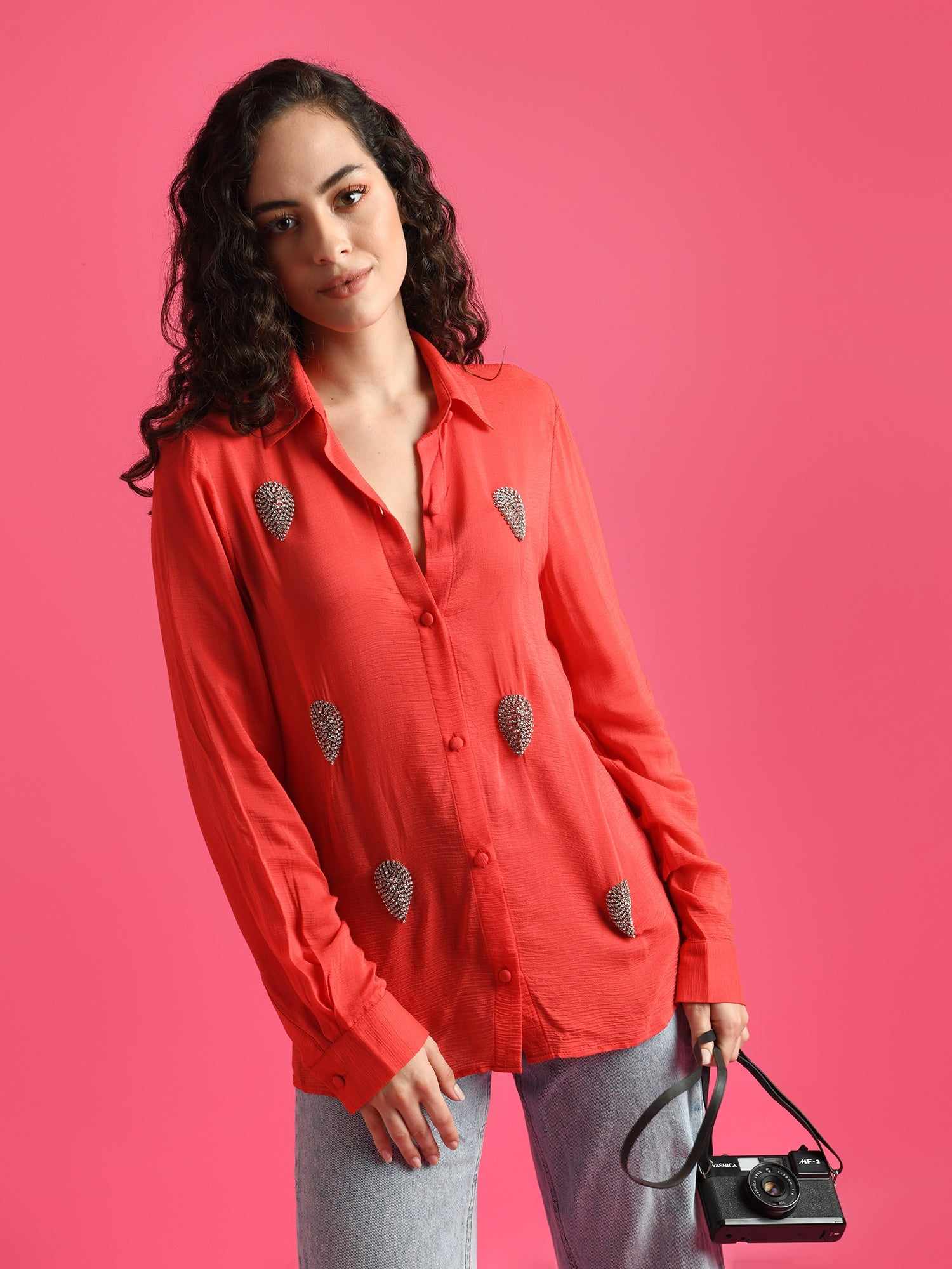 attic curves deluxe embellished red shirt