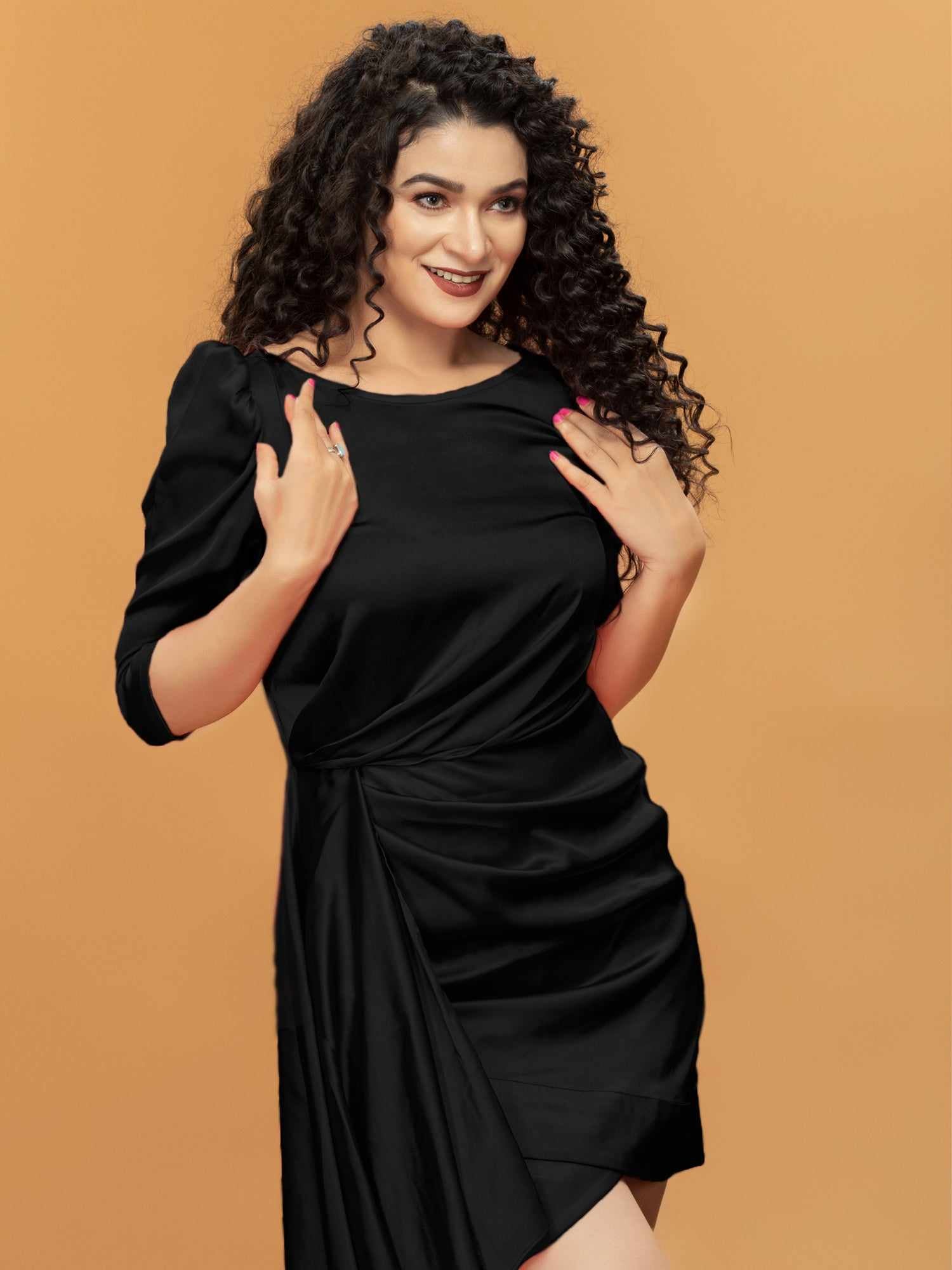 Drapped Wrap-Effect Black Hammered Satin Mini dress