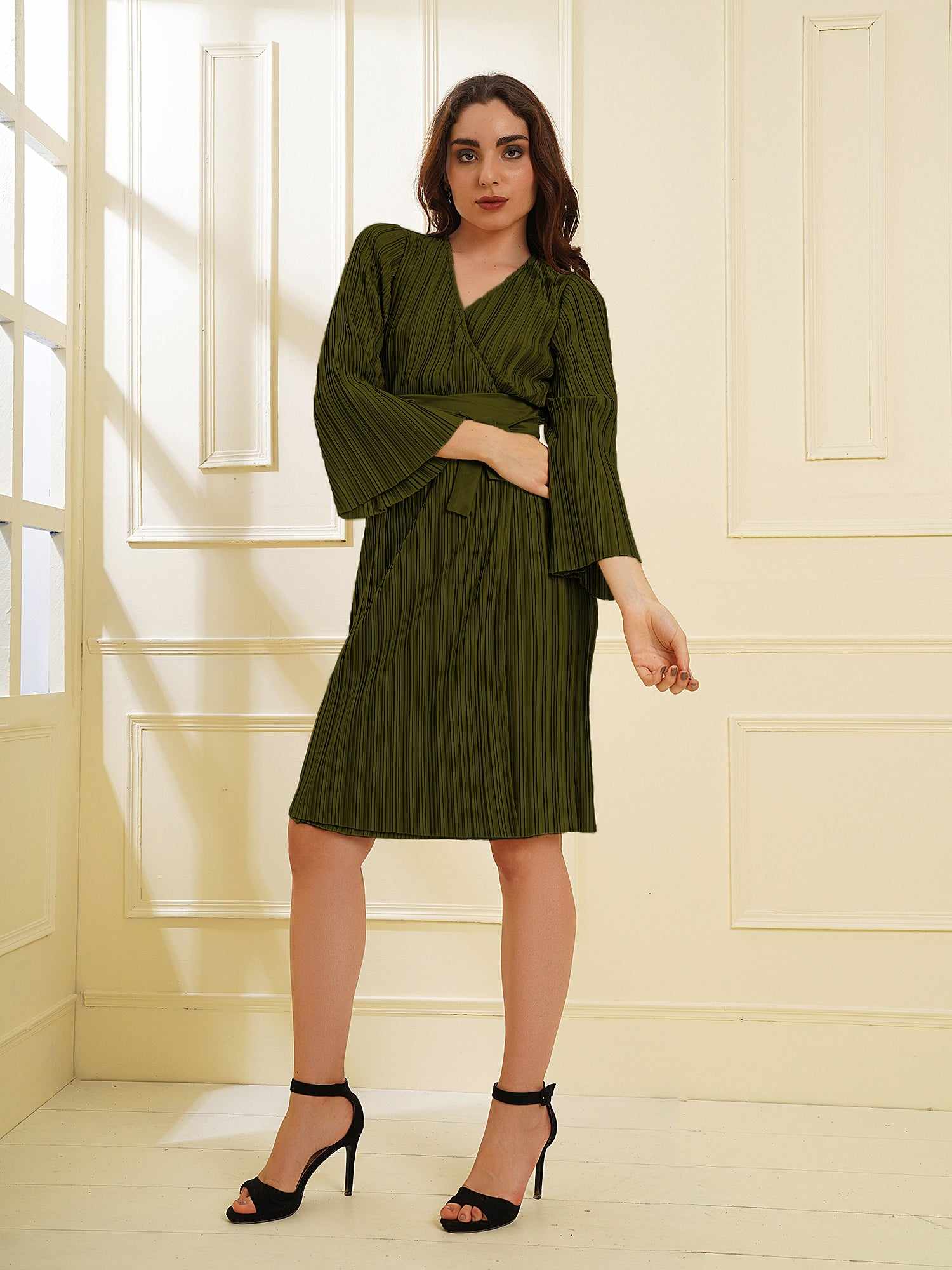 pleated green wrap knit dress