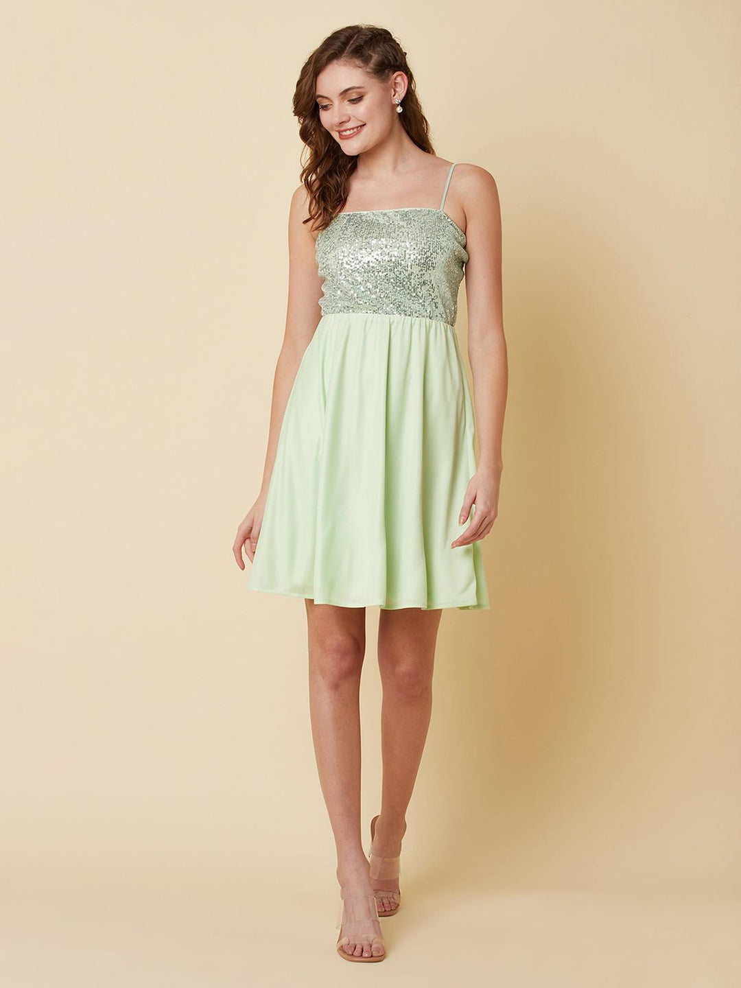 a line light green sequins dress