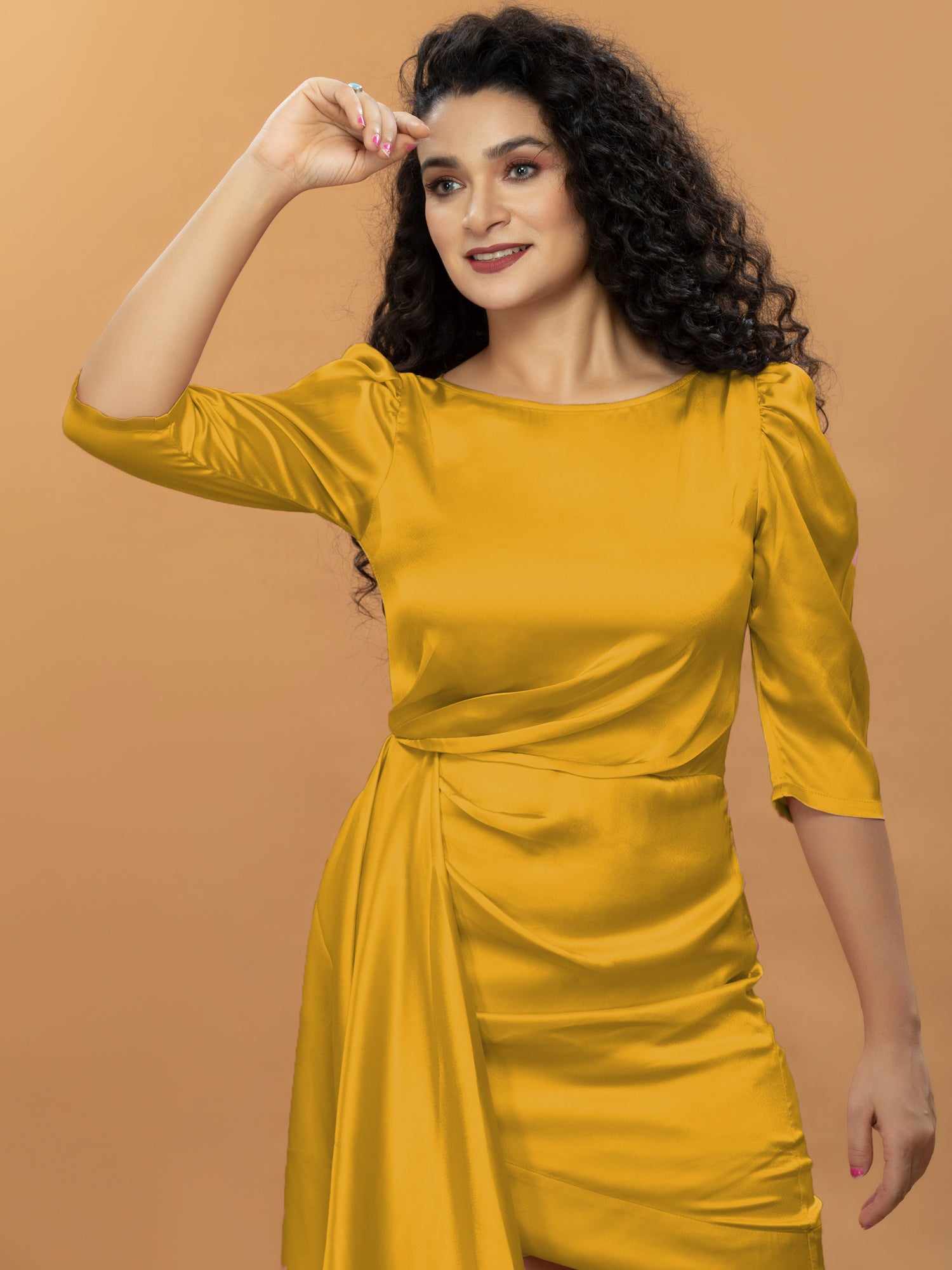 drapped wrap effect mustard satin mini dress
