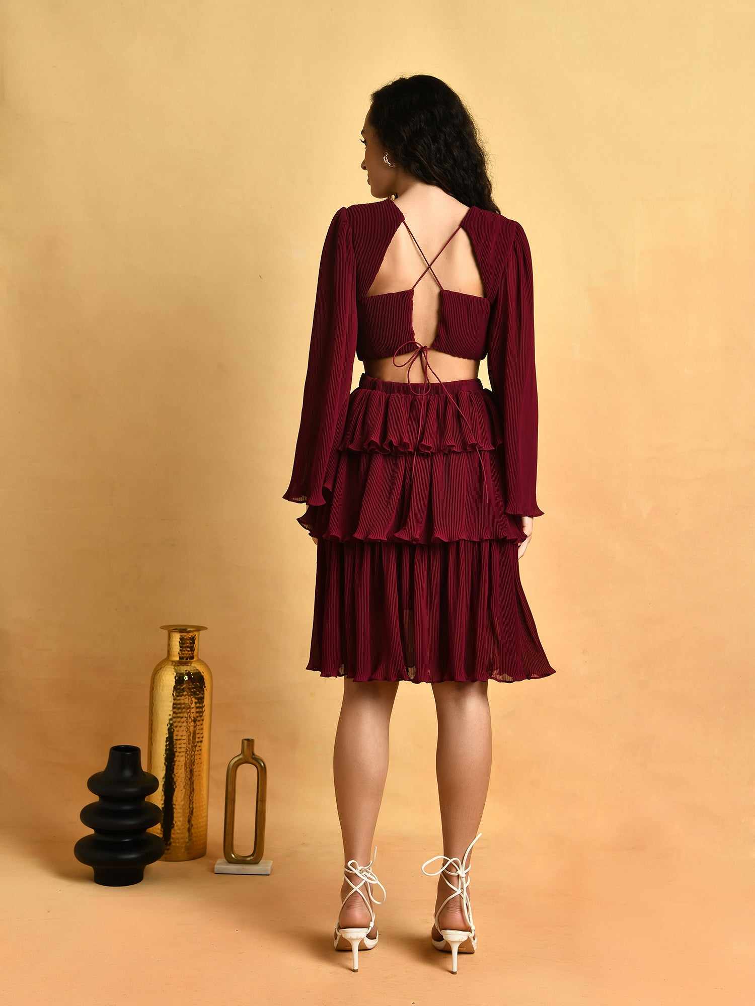 plum georgette pleated mini dress  