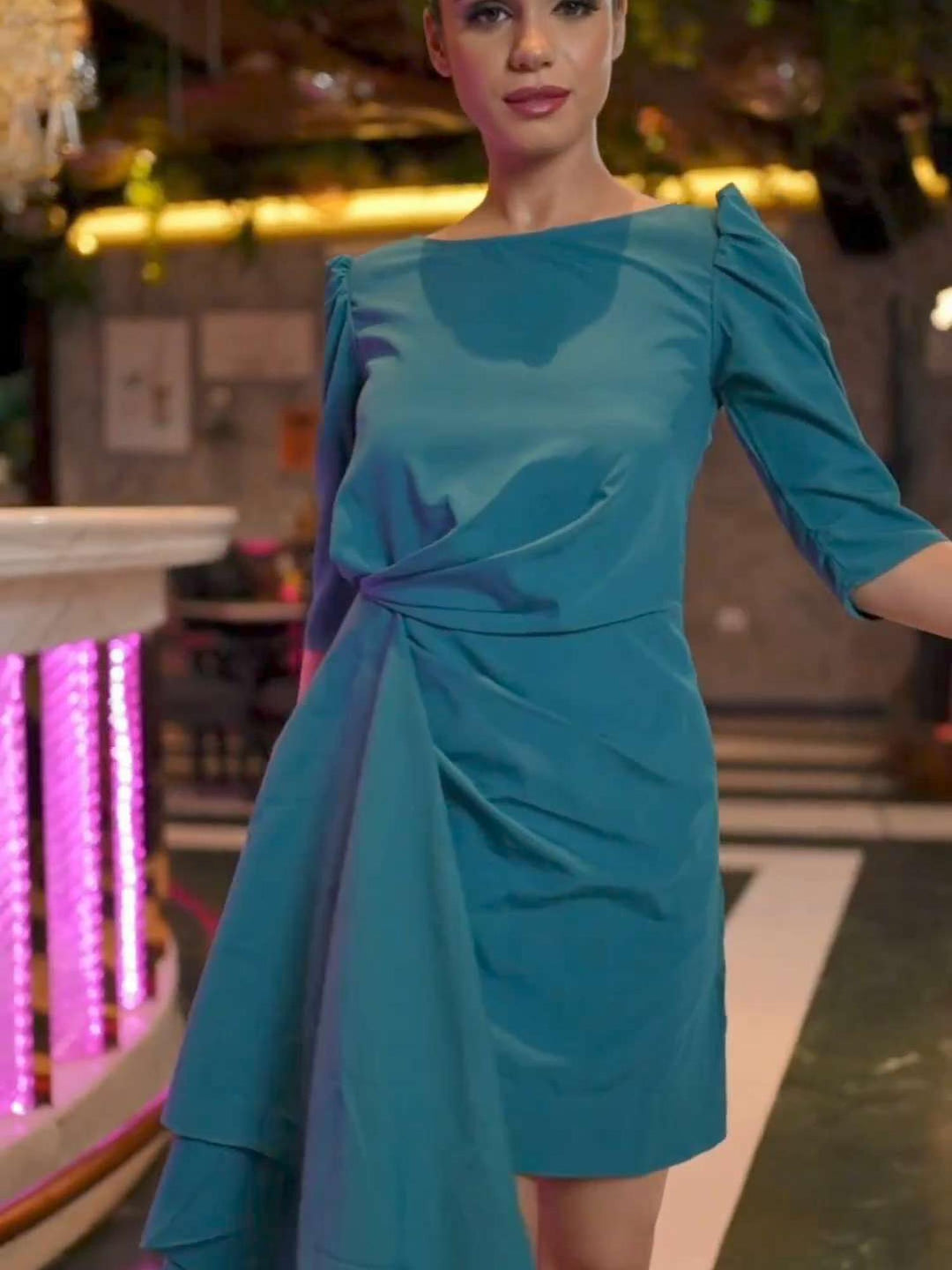 drapped wrap effect teal mini dress